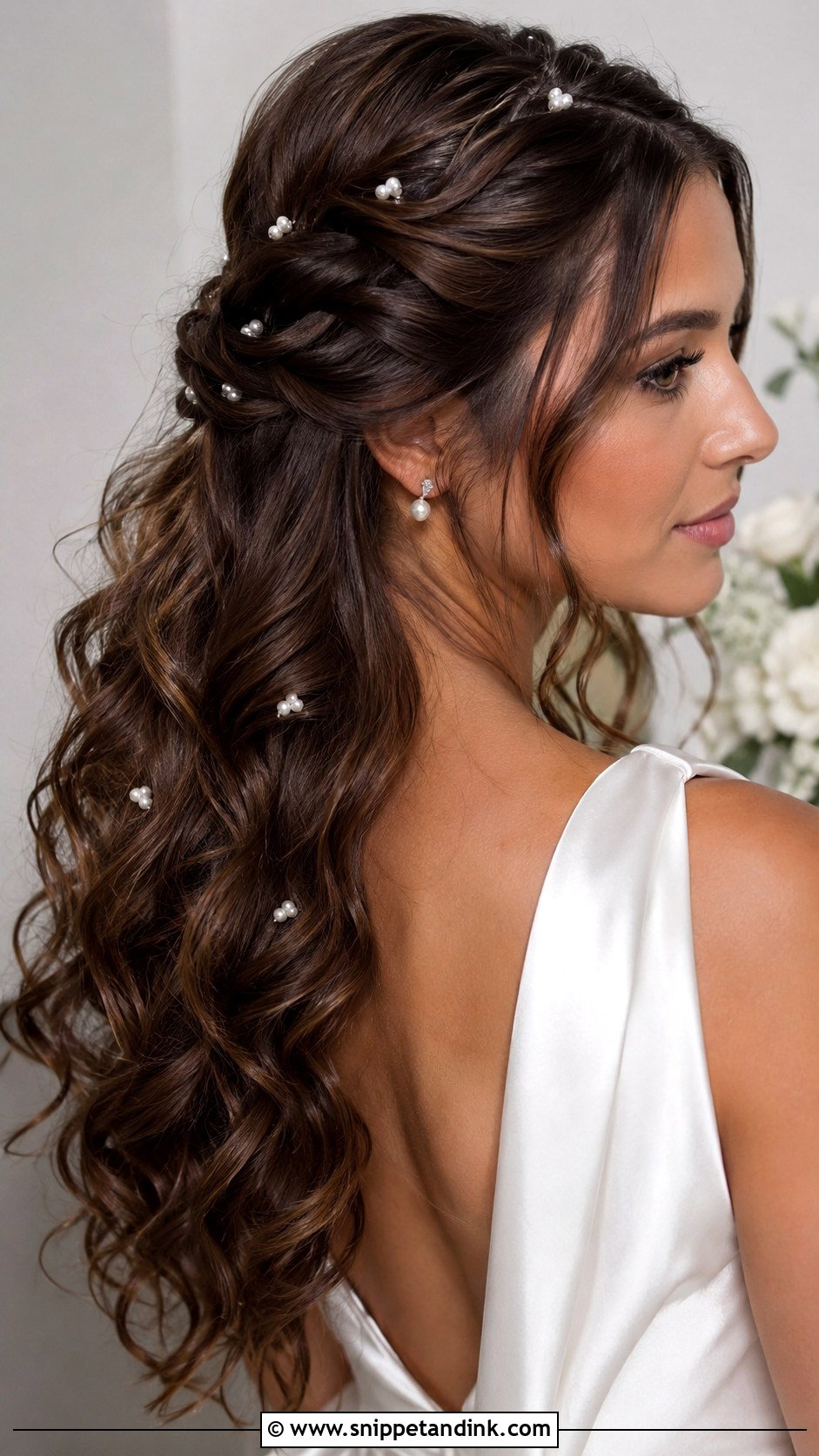 Long Hair Half Up Half Down Wedding Hair With Pearl Pins - Snippet and Ink - 15 Long Hair Half-Up Half-Down Wedding Hairstyles