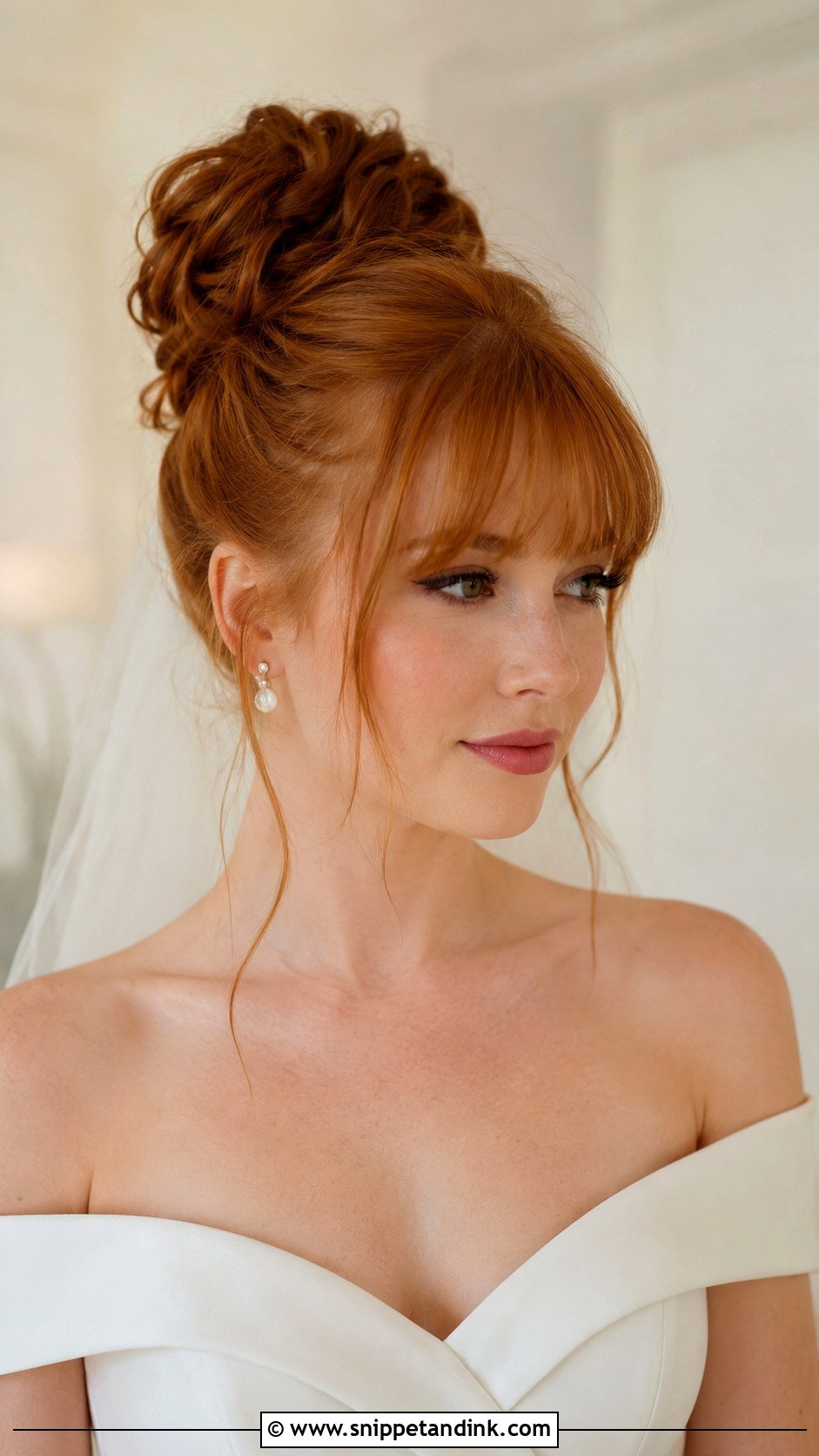 Long Hair High Bun Bangs Wedding Hairstyle - Snippet and Ink - 15 Long Hair Bangs Wedding Hairstyles