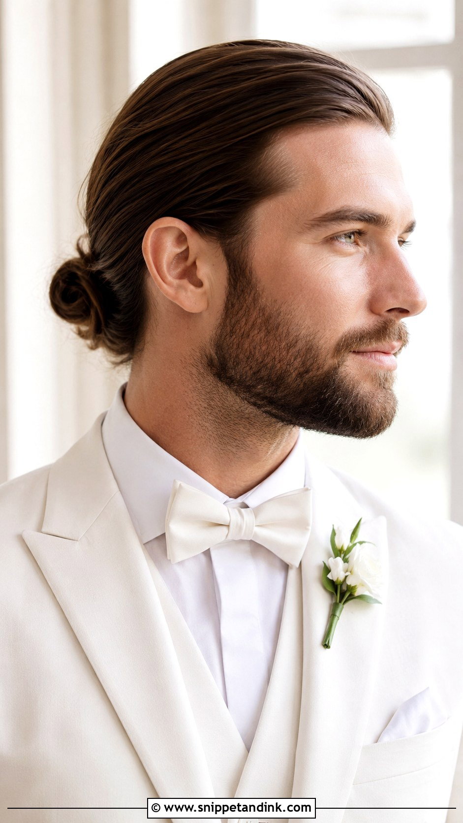 Long Hair Low Bun Groom Hairstyle - Snippet and Ink - 15 Long Hair Men Groom Wedding Hairstyle Ideas