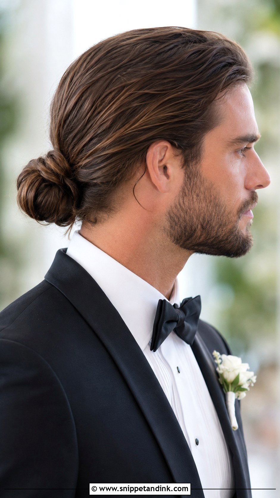 Long Hair Low Knot Groom Hairstyle - Snippet and Ink - 15 Long Hair Men Groom Wedding Hairstyle Ideas