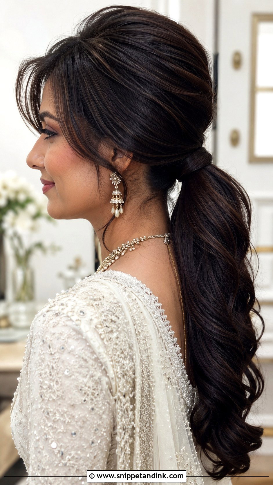 Long Hair Low Ponytail Bangs Wedding Hairstyle - Snippet and Ink - 15 Long Hair Bangs Wedding Hairstyles
