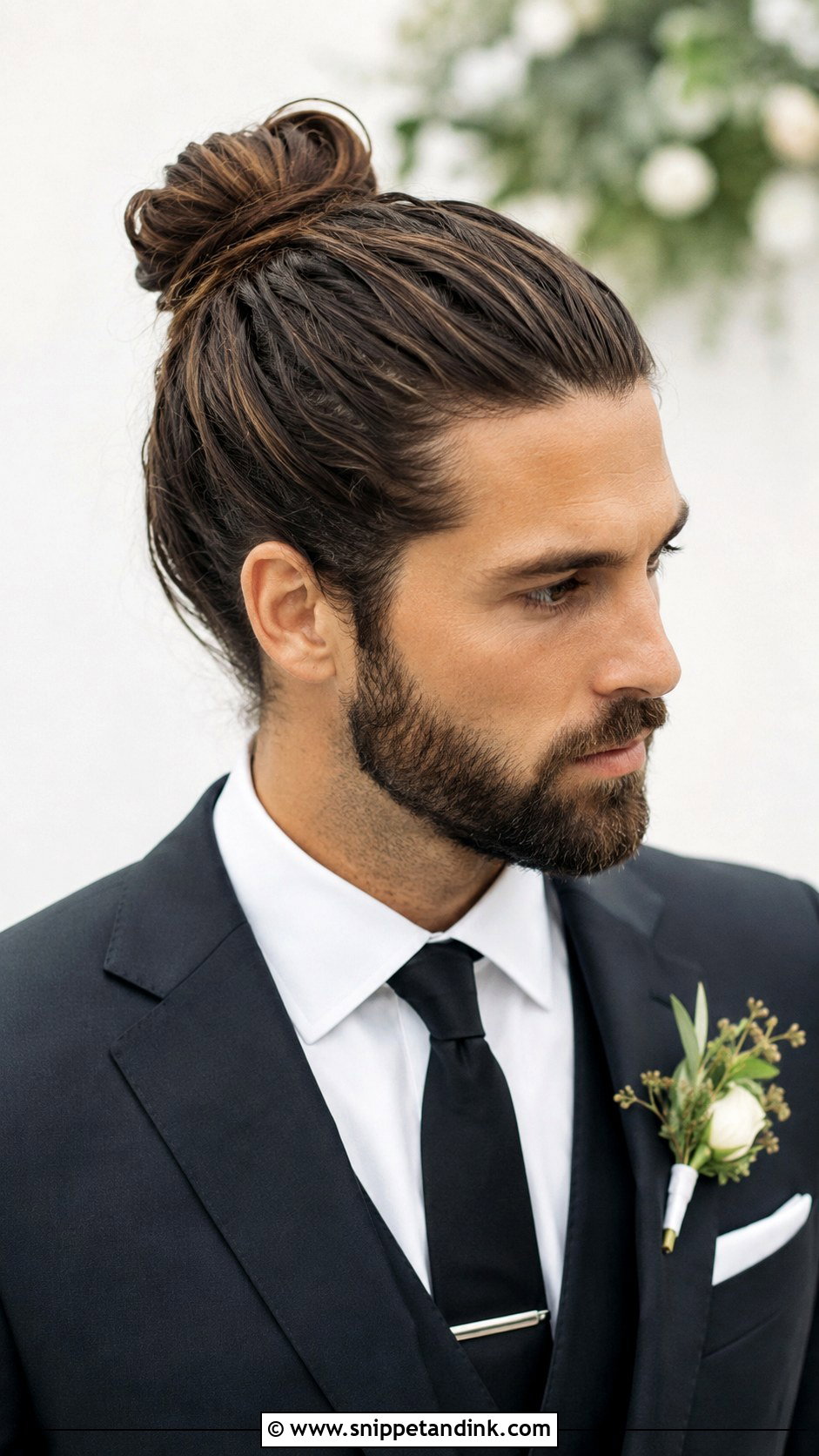 Long Hair Man Bun Groom Hairstyle - Snippet and Ink - 15 Long Hair Men Groom Wedding Hairstyle Ideas