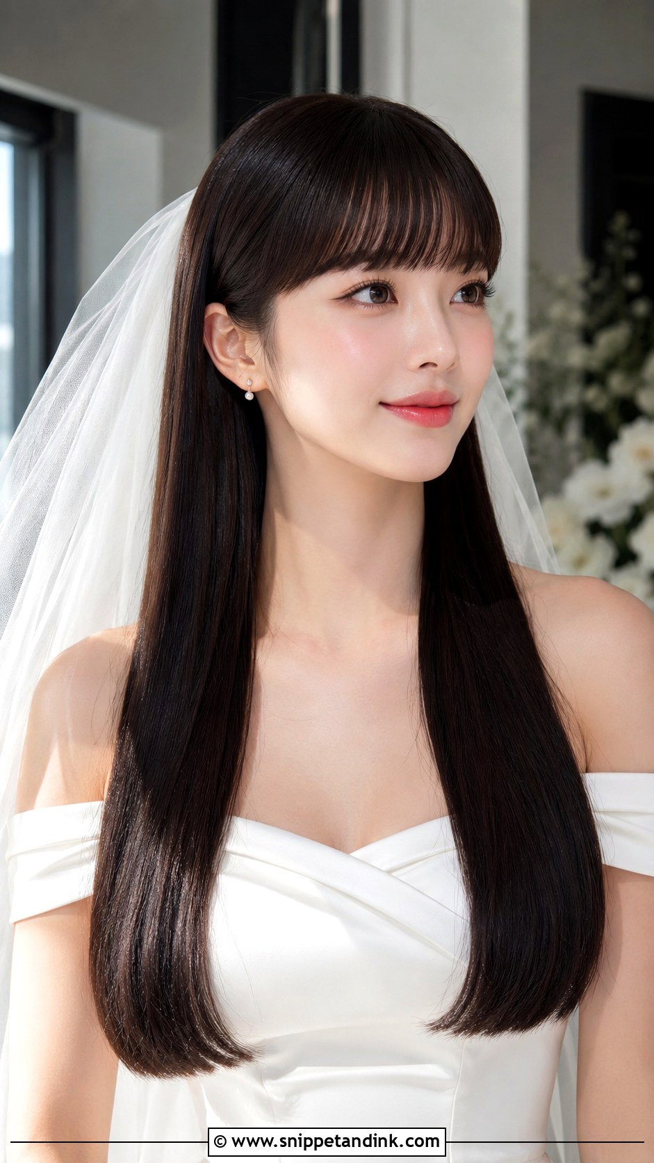 Long Hair Sleek Straight Bangs Wedding Hairstyle - Snippet and Ink - 15 Long Hair Bangs Wedding Hairstyles