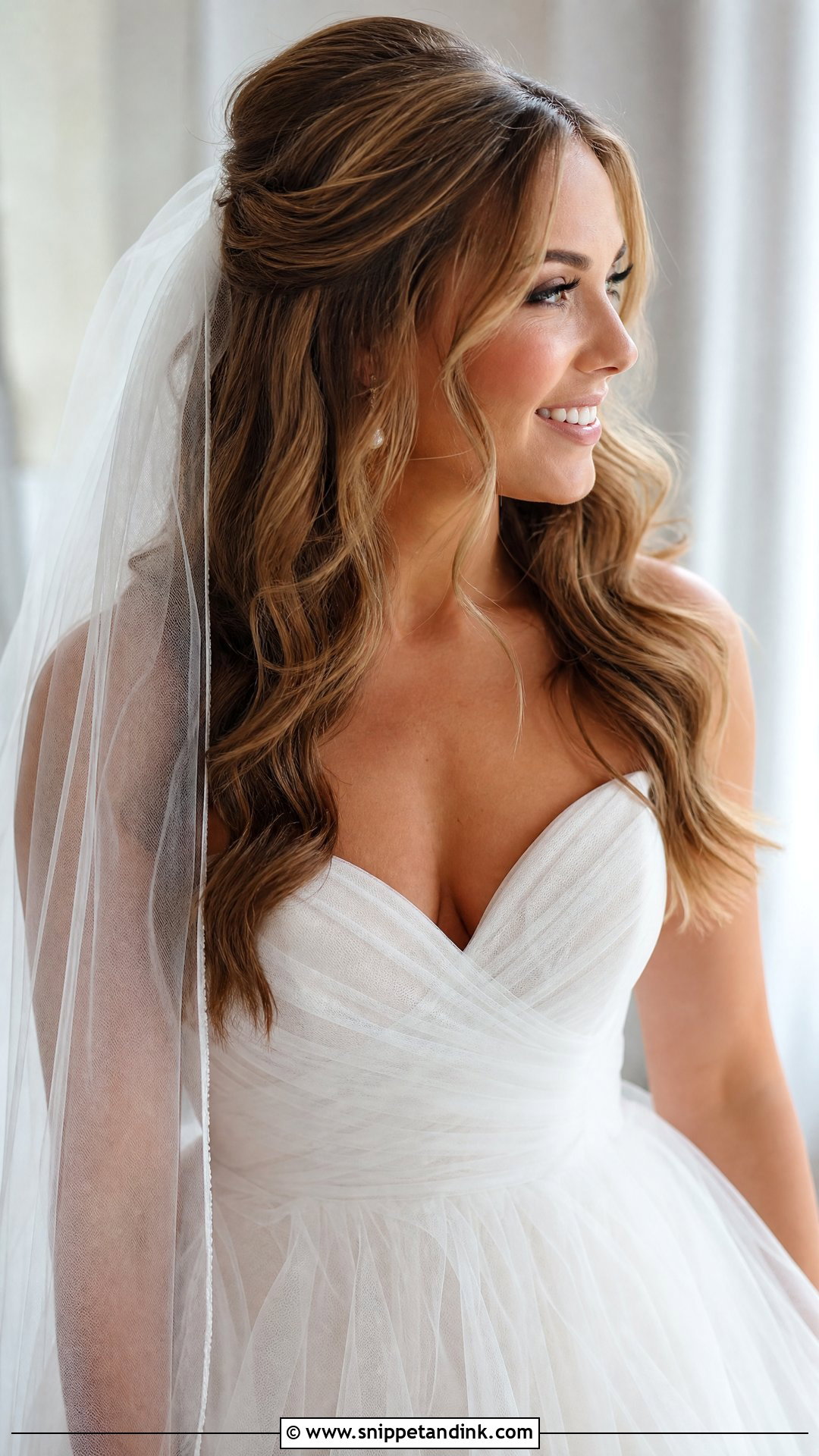 Long Hair Wedding Veil With Half Up Waves - Snippet and Ink - 15 Long Hair Wedding Vails