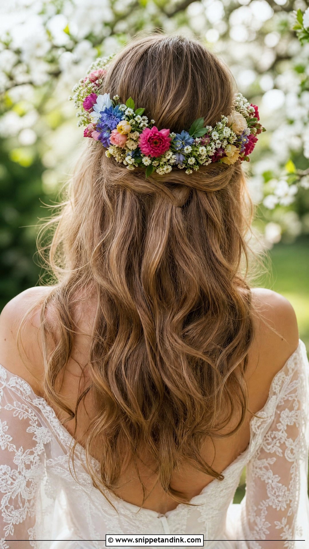 Long Hair with Floral Crown - Snippet and Ink - 20 Long Wedding Hair All Down Ideas