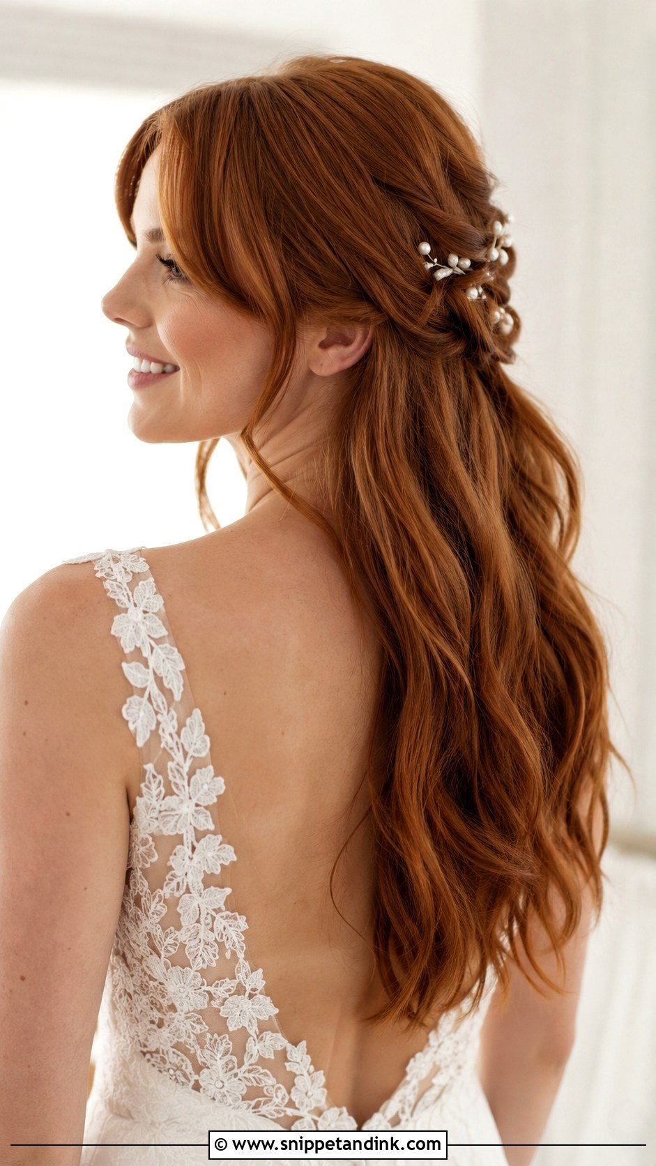 Long Half Up Bridal Hair With Curtain Bangs - Snippet and Ink - 15 Long Half-Up Bridal Hair Ideas
