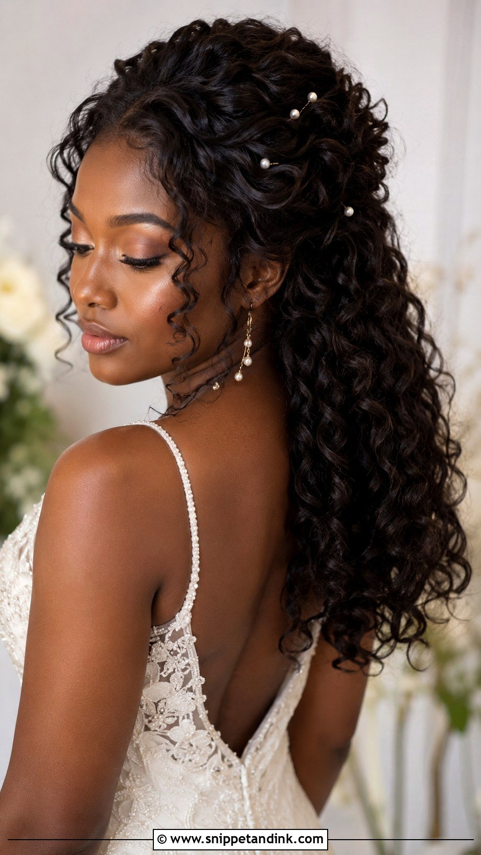 Long Half Up Bridal Hair With Natural Curls - Snippet and Ink - 15 Long Half-Up Bridal Hair Ideas