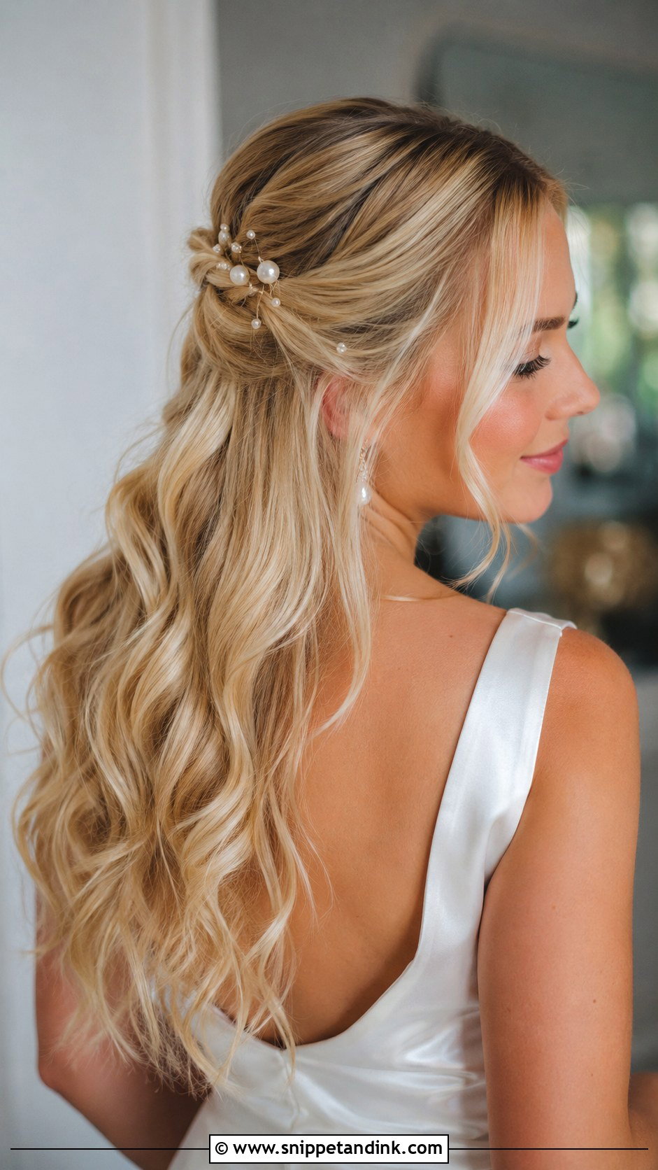 Long Half Up Bridal Hair With Pearl Pins - Snippet and Ink - 15 Long Half-Up Bridal Hair Ideas