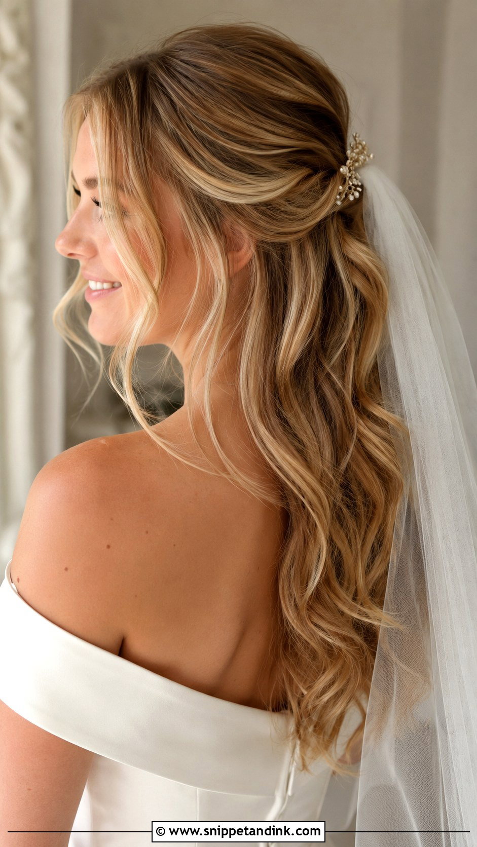 Long Half Up Bridal Hair With Soft Waves - Snippet and Ink - 15 Long Half-Up Bridal Hair Ideas