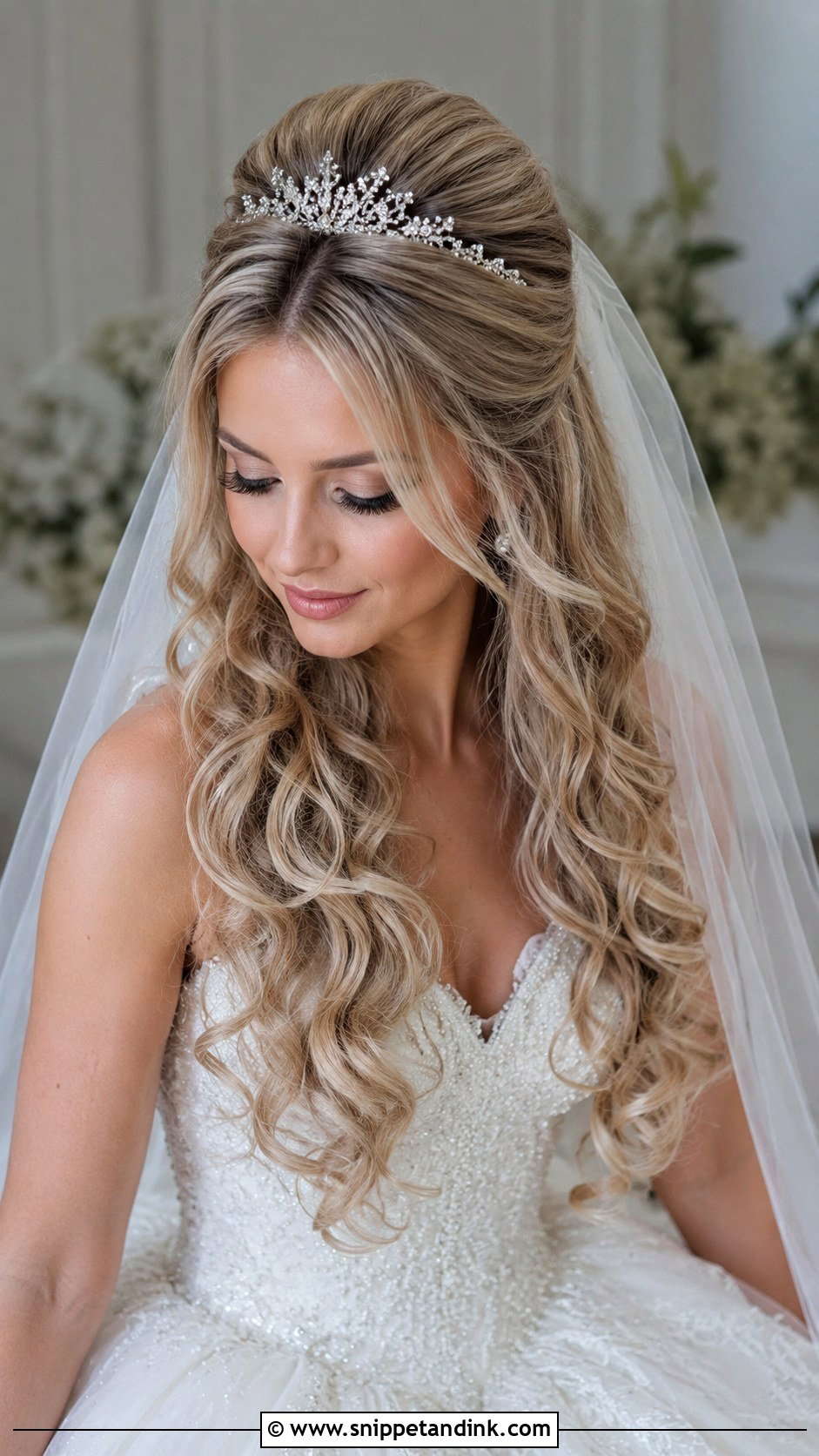 Long Half Up Bridal Hair With Tiara - Snippet and Ink - 15 Long Half-Up Bridal Hair Ideas