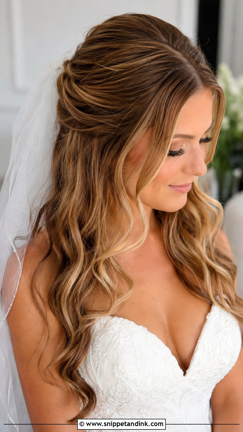 Long Half Up Bridal Hair With Veil - Snippet and Ink - 15 Long Half-Up Bridal Hair Ideas