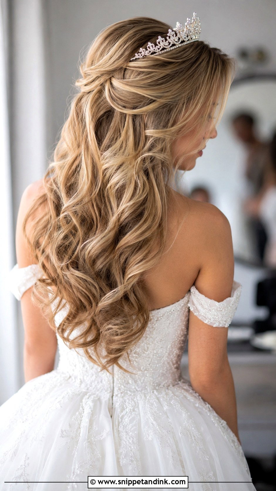 Long Layered Curls With Tiara - Snippet and Ink - 20 Round Face Bridal Hair Ideas