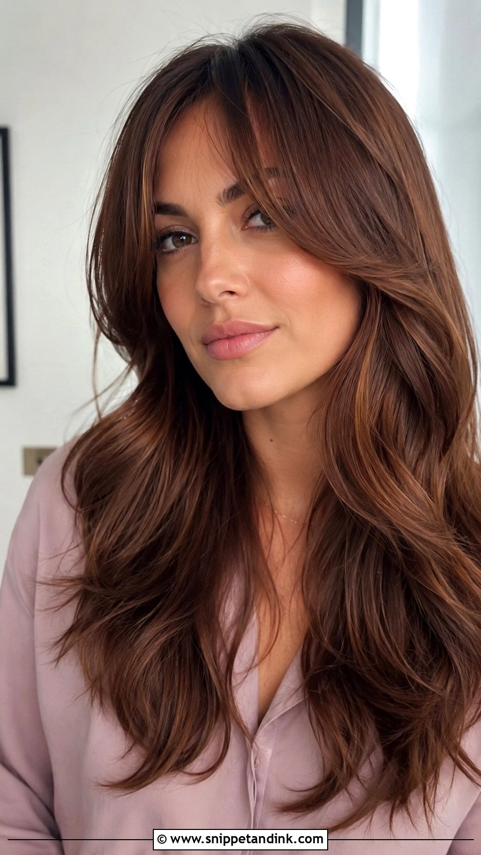 Long Layered Hair With Curtain Bangs - Snippet and Ink - 25 Wedding Guest Hair Down Ideas