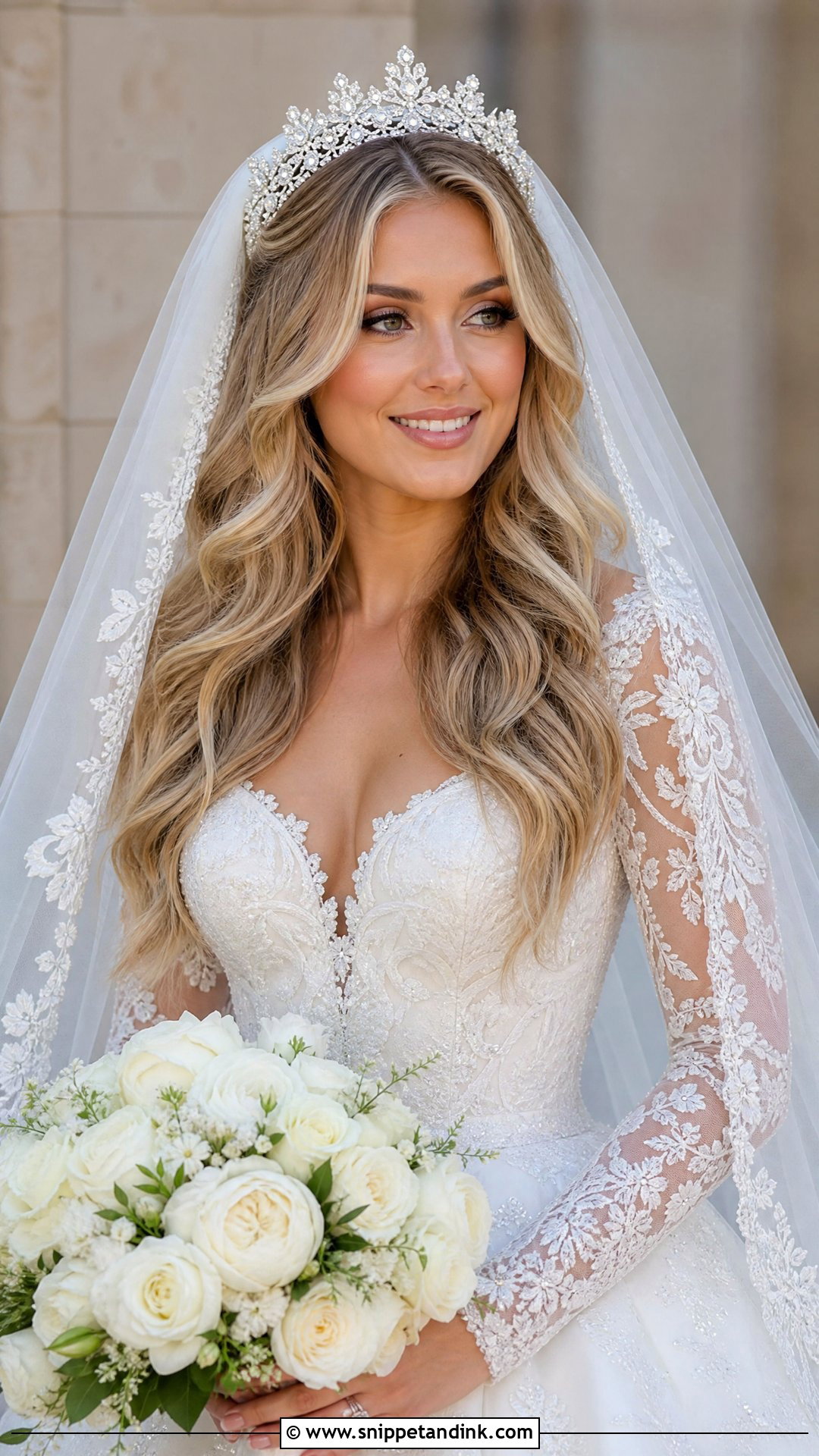 Long Layered Waves With Crown Veil - Snippet and Ink - 20 Christian Bride Hairstyle with Crown Ideas