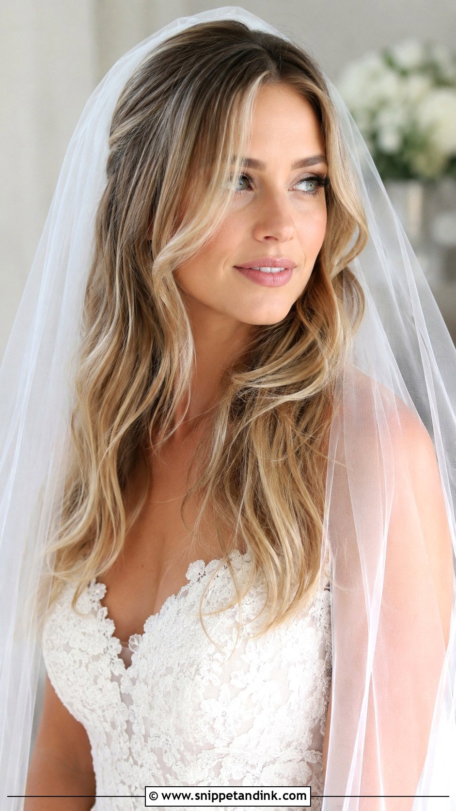 Long Layered Waves With Fingertip Veil - Snippet and Ink - 25 Hair Down with Veil Ideas