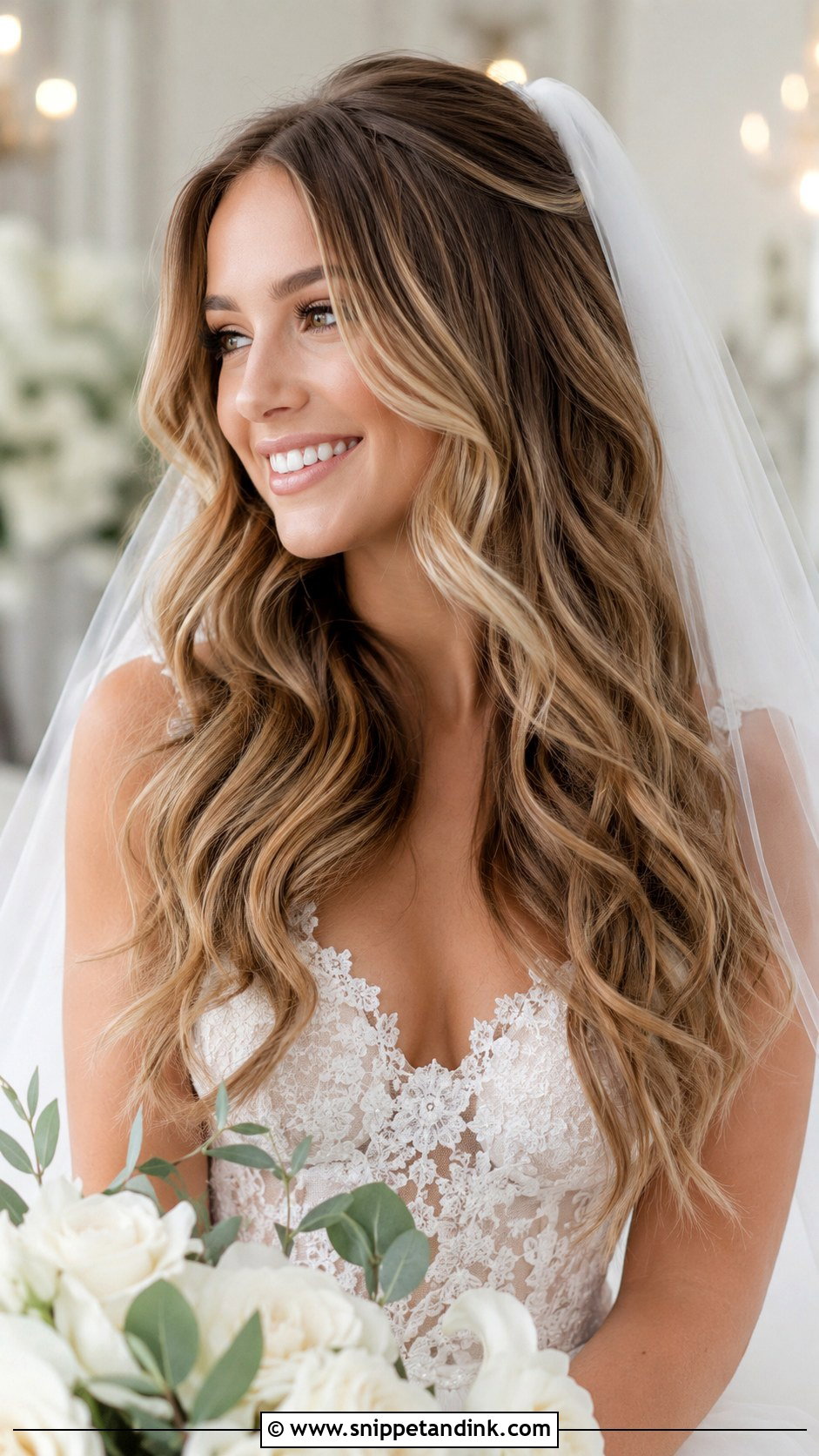 Long Layered Waves with Cathedral Veil - Snippet and Ink - 25 Cathedral Veil with Hair Down Ideas