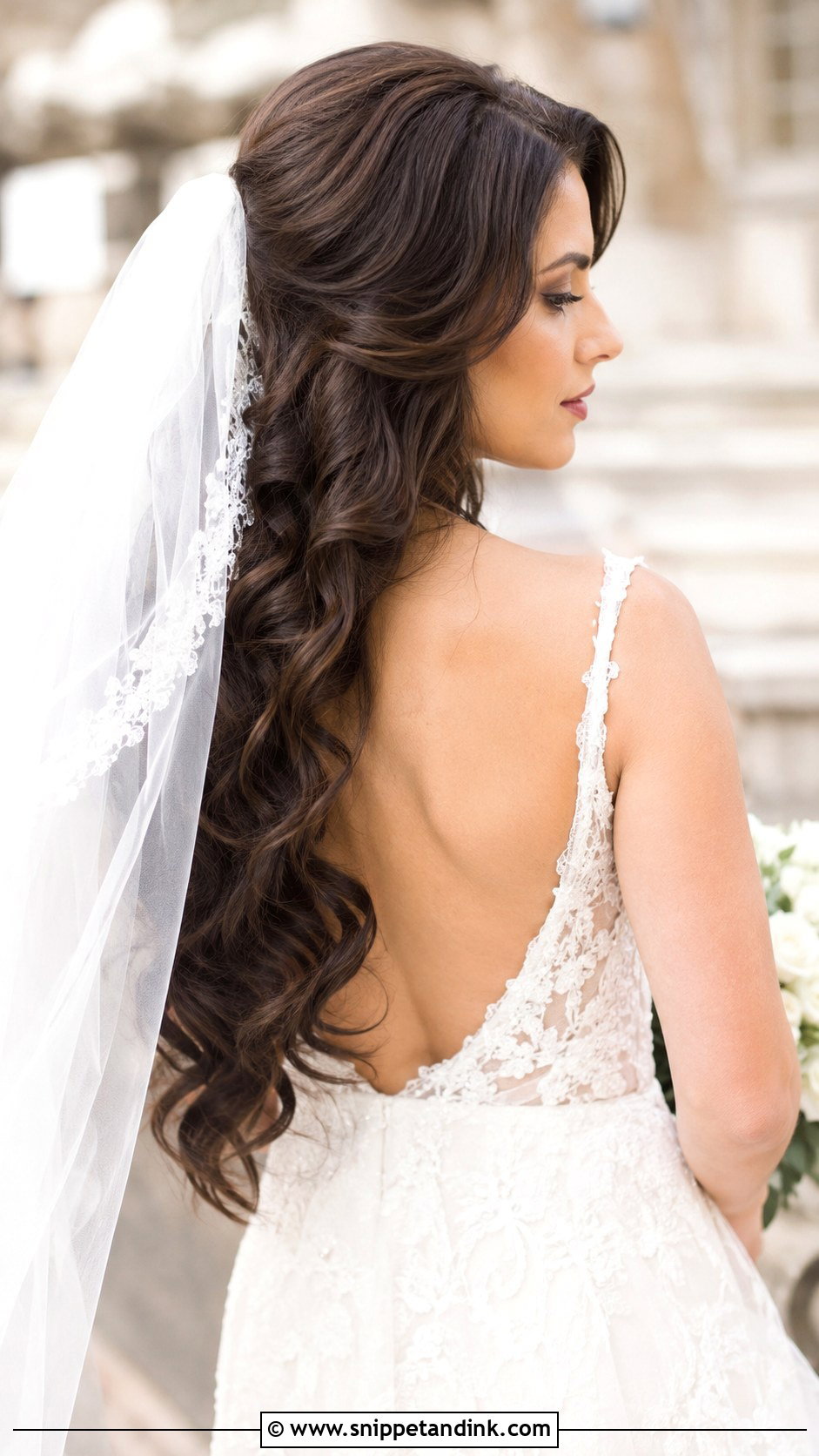 Long Layered Waves with Veil - Snippet and Ink - 35 Bridal Hair Down Ideas