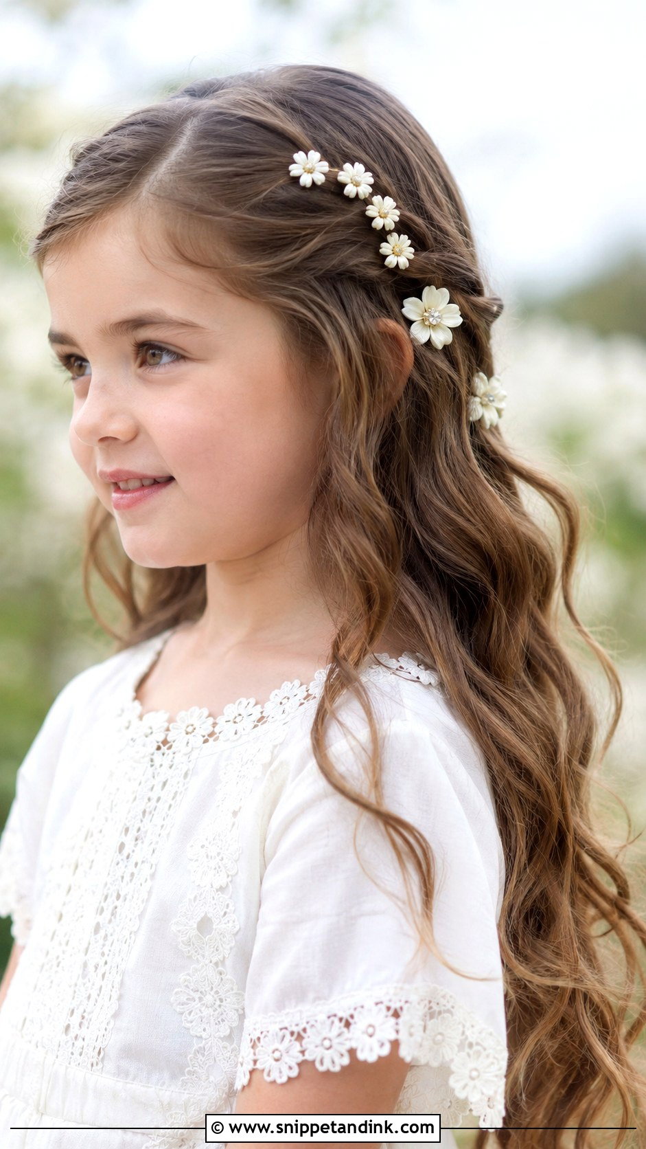 Long Layers With Flower Clips - Snippet and Ink - 25 Hairstyle for Girls Wedding Ideas