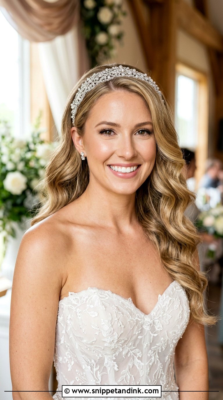 Long Loose Curls With Rhinestone Headband - Snippet and Ink - 20 Bridal Hair with Headband Ideas