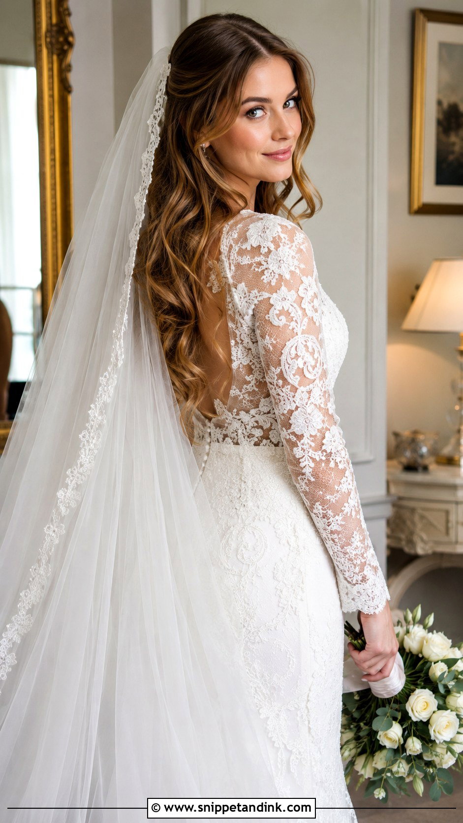 Long Loose Waves With Cathedral Veil - Snippet and Ink - 25 Hair Down with Veil Ideas