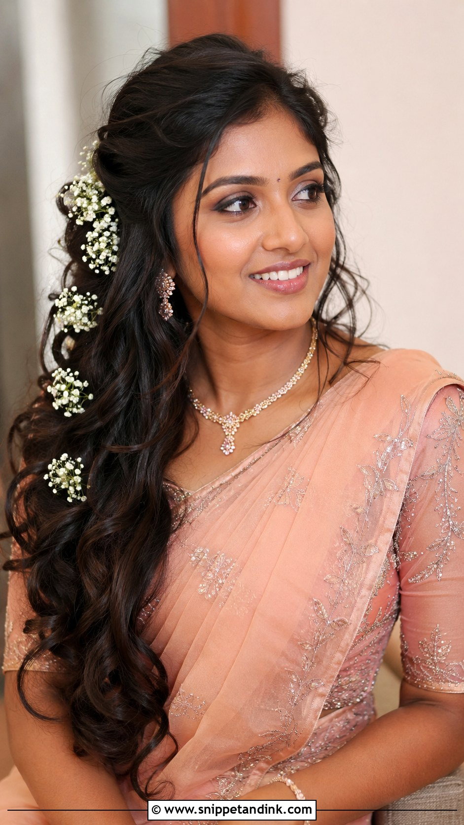 Long Open Hair With Jasmine Accents - Snippet and Ink - 20 South Indian Bride Hairstyle with Jasmine Flowers