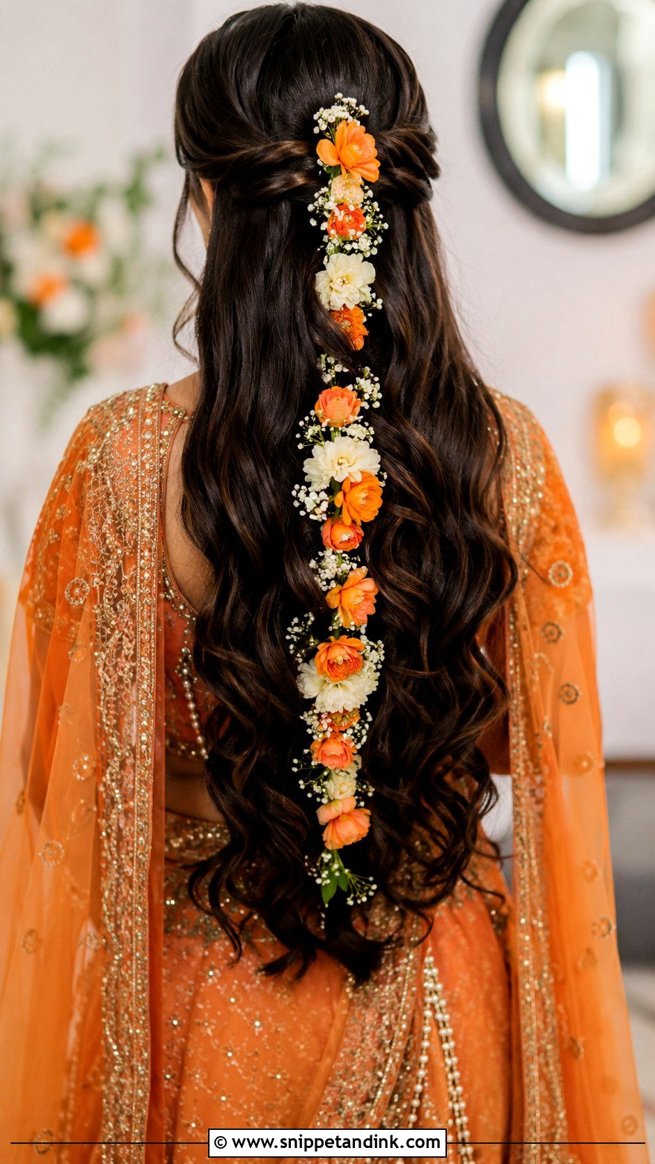 Long Open Hair with Floral Trail - Snippet and Ink - 30 Mehndi Hairstyles for Bride