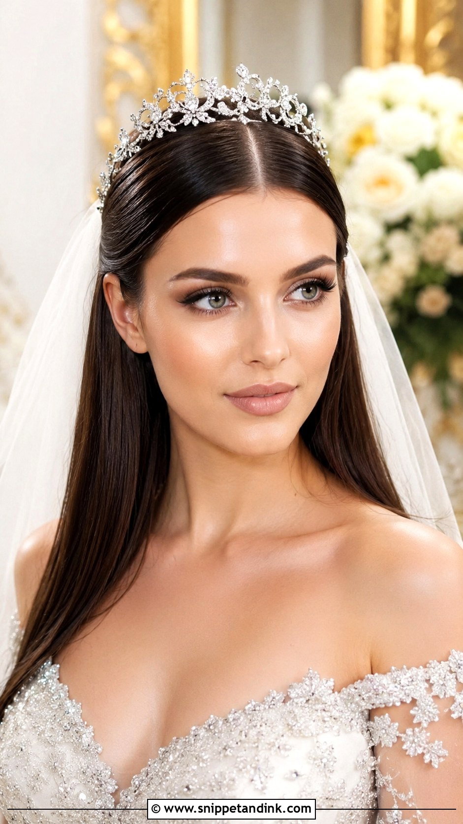 Long Straight Hair With Tiara Wedding Hairstyle - Snippet and Ink - 30 Open Hair Wedding Hairstyles