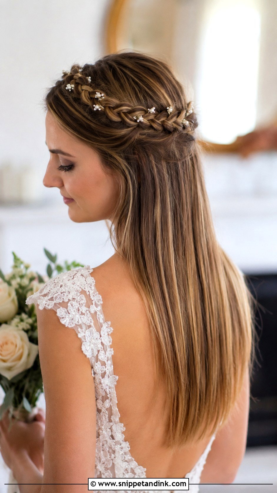 Long Straight Wedding Hair With Crown Braid - Snippet and Ink - 15 Long Straight Wedding Hair Ideas