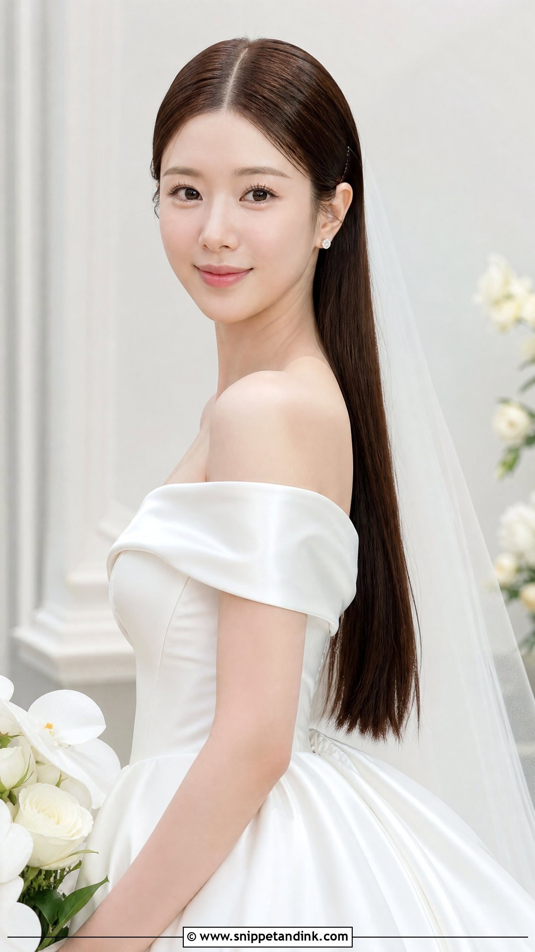 Long Straight Wedding Hairstyle For Off Shoulder Dress - Snippet and Ink - 20 Wedding Hairstyles for Long Hair Off Shoulder Dress