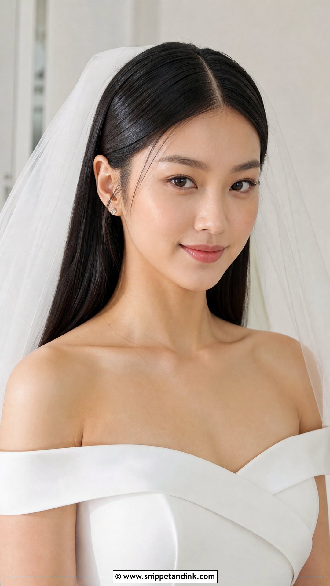 Long Straight Wedding Hairstyle For Off The Shoulder Dress - Snippet and Ink - 20 Off the Shoulder Wedding Hairstyles