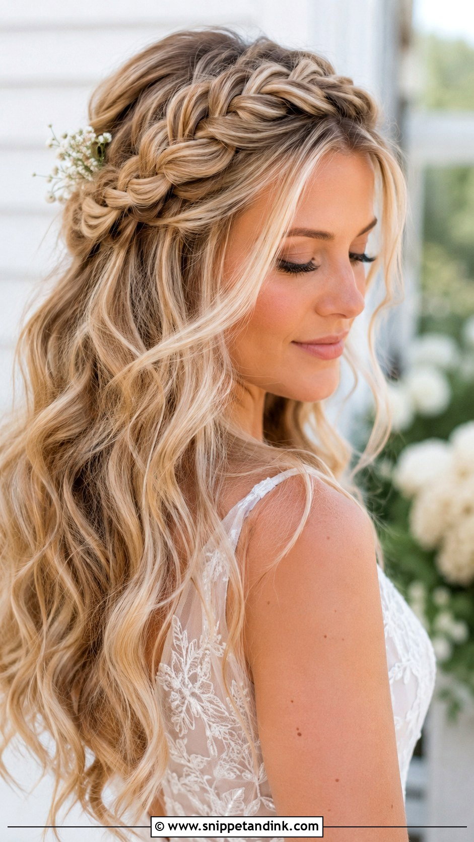 Long Waves With Braided Crown For Wedding - Snippet and Ink - 15 Long Hair Wedding Waves