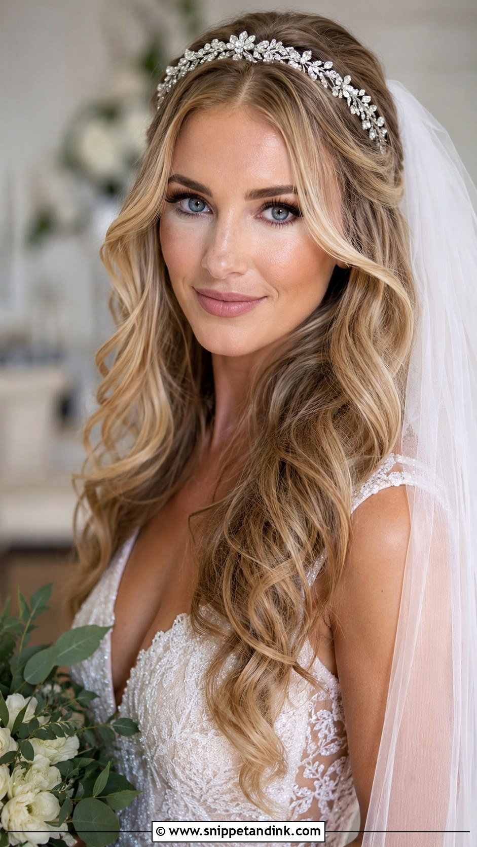 Long Waves With Embellished Headband And Veil - Snippet and Ink - 25 Hair Down with Veil Ideas