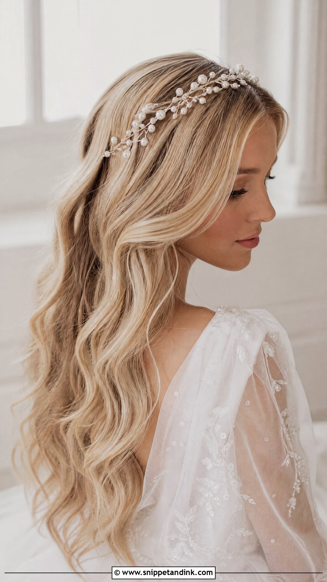 Long Waves With Pearl Hair Vine - Snippet and Ink - 20 Pearl Wedding Hairstyles