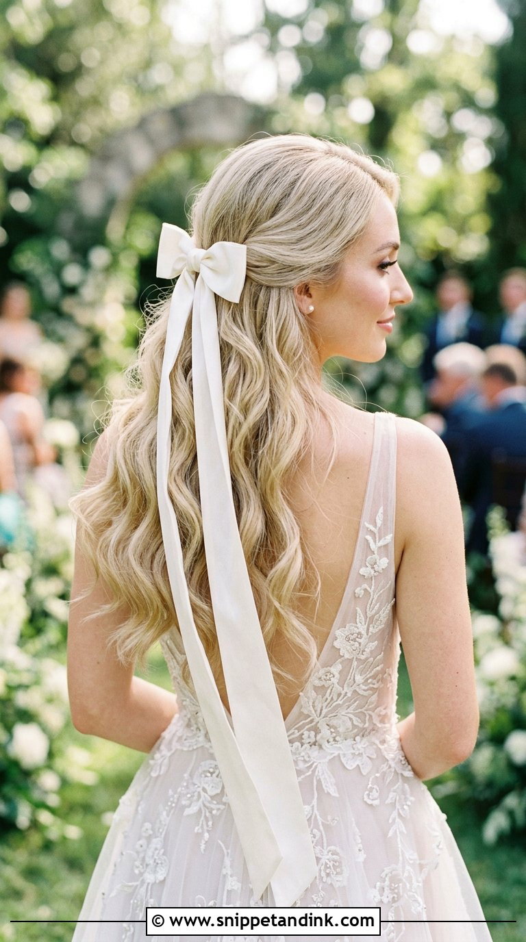 Long Waves With Trailing Ribbon Bow - Snippet and Ink - 20 Bridal Hair with Bow Ideas