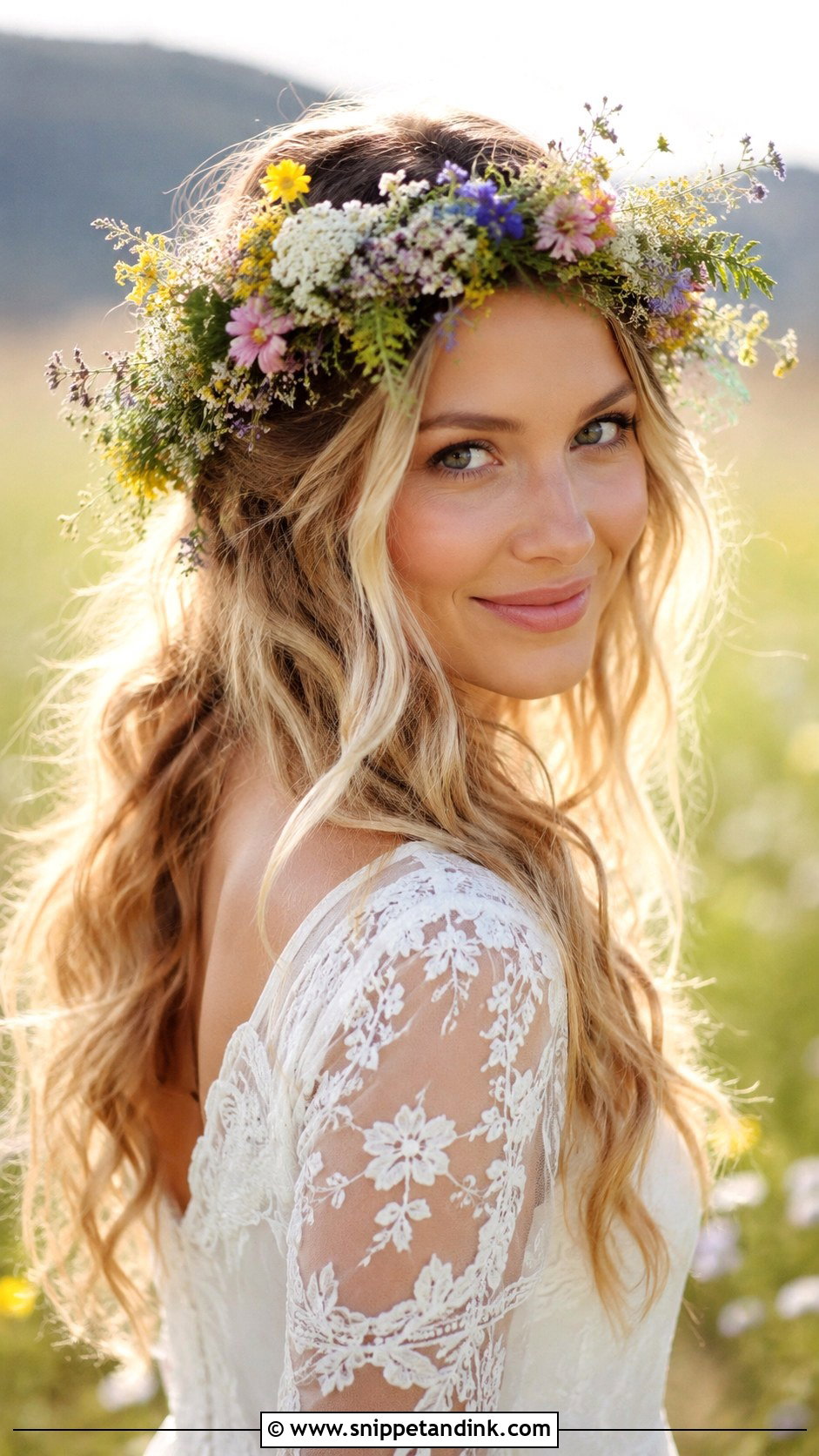 Long Waves With Wildflower Crown - Snippet and Ink - 20 Bridal Hair with Flower Crown Ideas