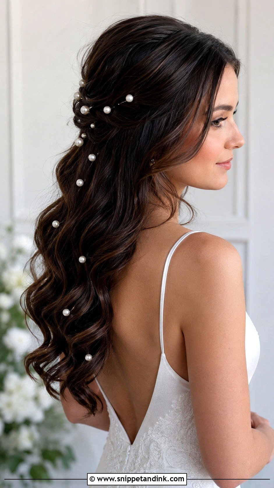 Long Wavy Hair With Pearl Pins - Snippet and Ink - 25 Long Bridal Hair Down Ideas