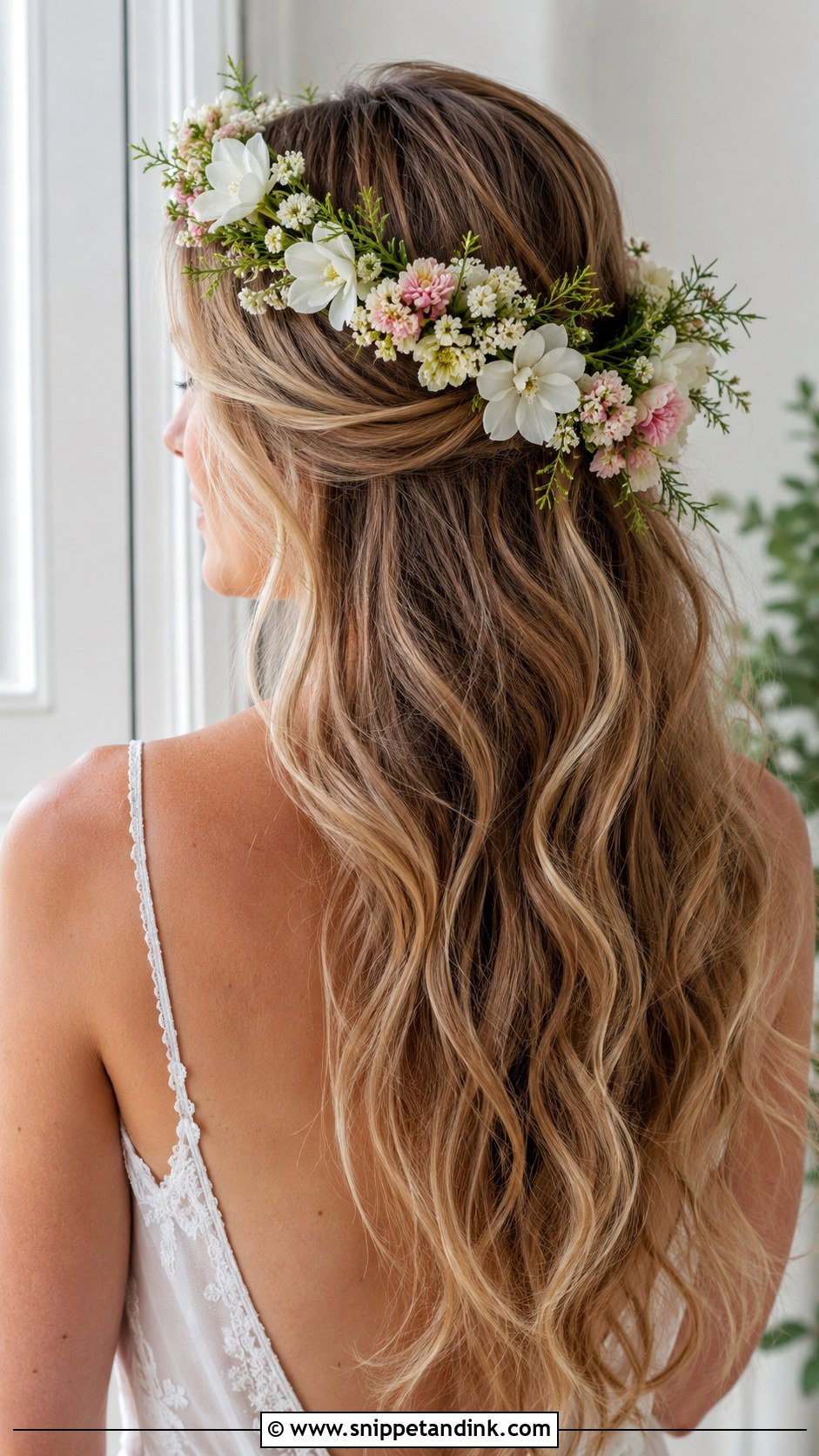 Long Wavy Hair with a Flower Crown - Snippet and Ink - 25 Wavy Bridal Hair Ideas