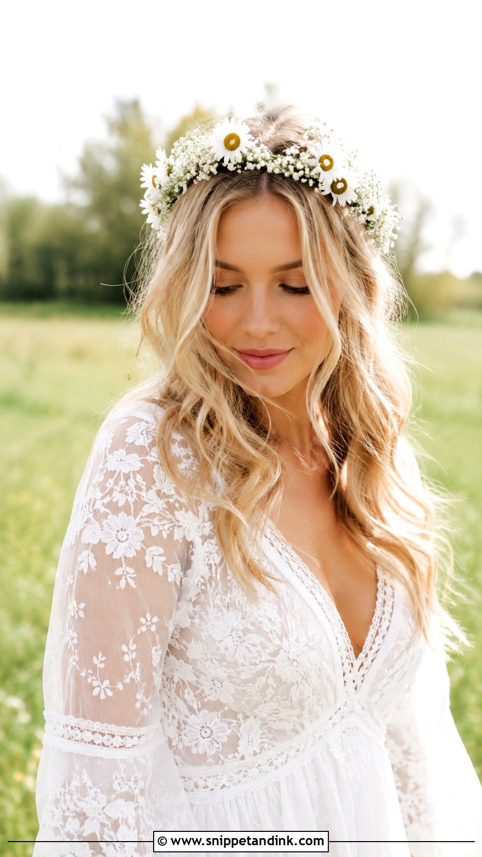 Loose Beach Waves With Flower Crown - Snippet and Ink - 20 Hippie Wedding Hair Ideas