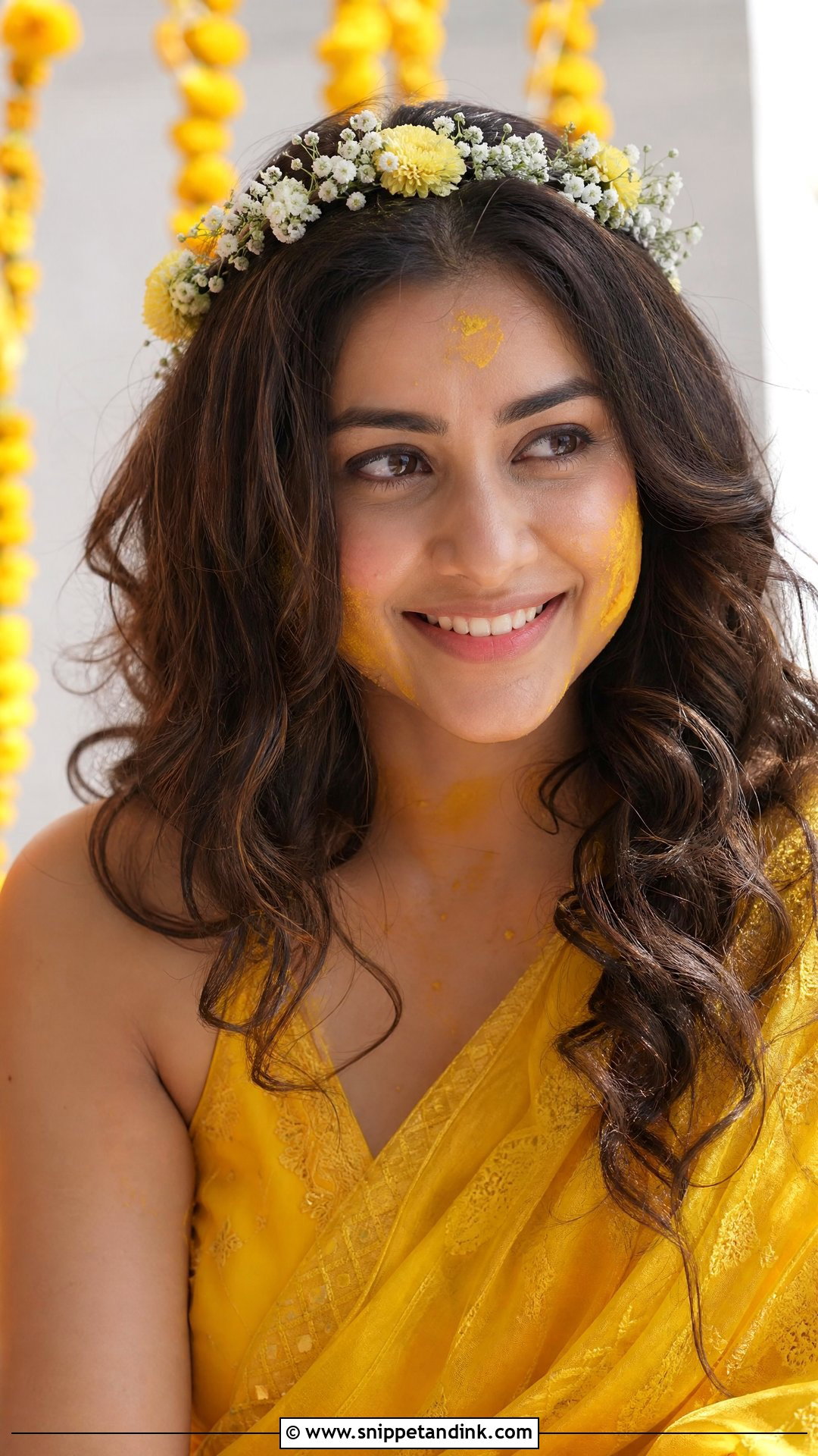 Loose Beach Waves With Flower Tiara - Snippet and Ink - 20 Haldi Bridal Hairstyle Ideas