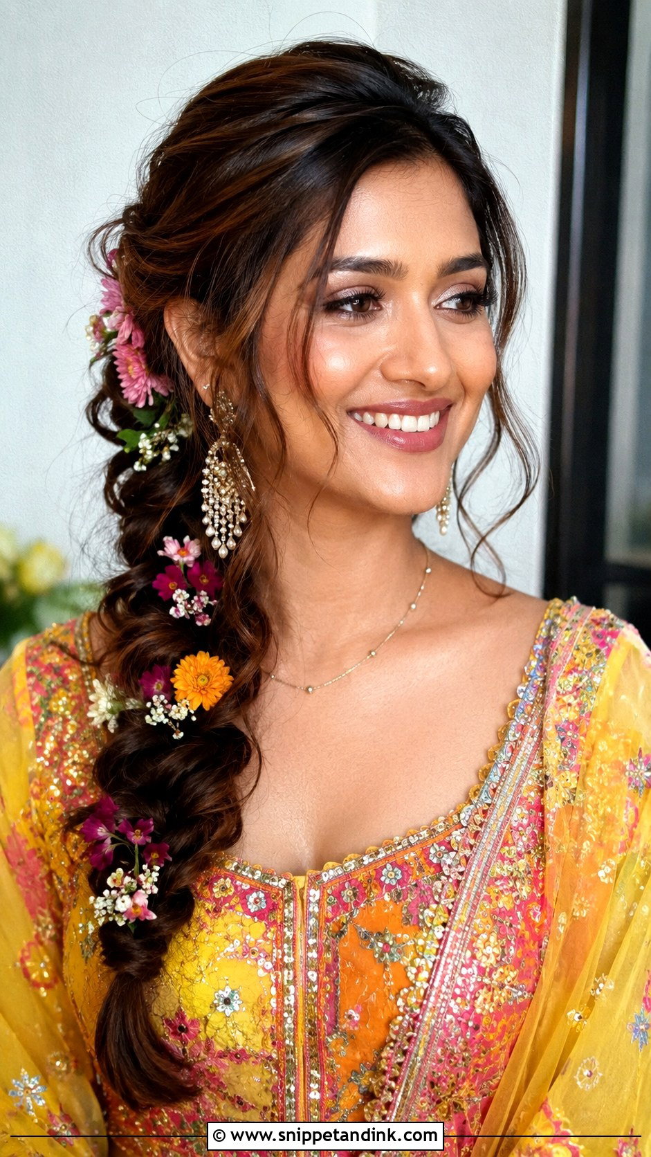 Loose Braid With Flowers for Sangeet - Snippet and Ink - 25 Traditional Indian Weddings Bridal Hairstyles