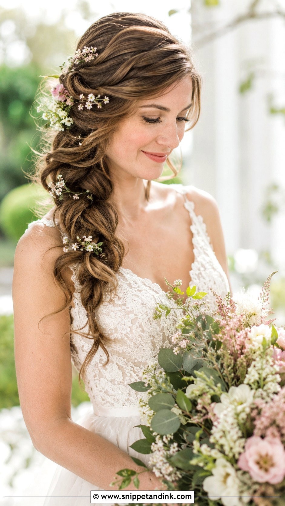Loose Braid With Flowers - Snippet and Ink - 20 Bridal Hairstyles for Medium Length Hair