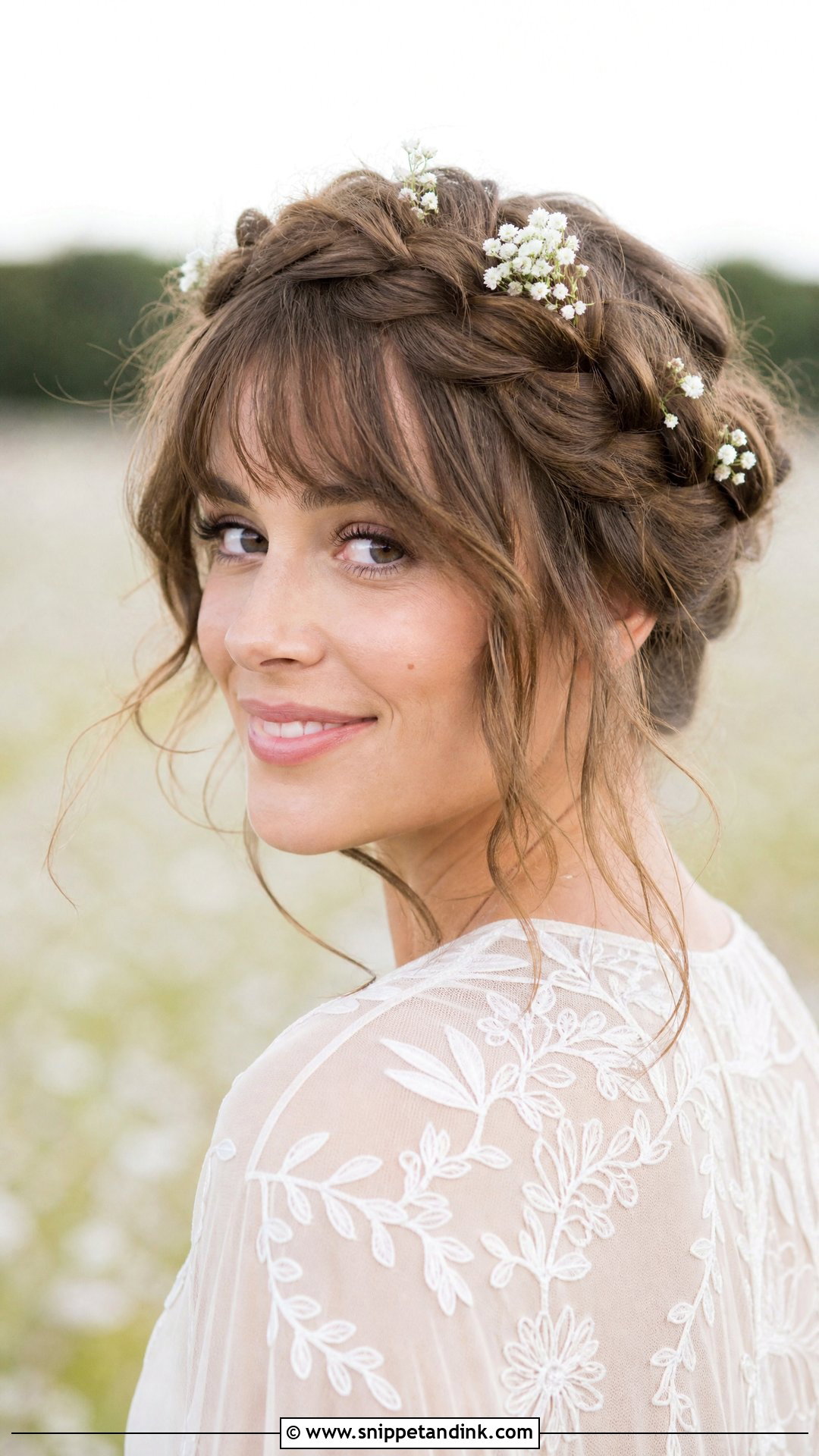 Loose Braided Crown With Bangs - Snippet and Ink - 20 Wedding Hairstyles for Big Foreheads