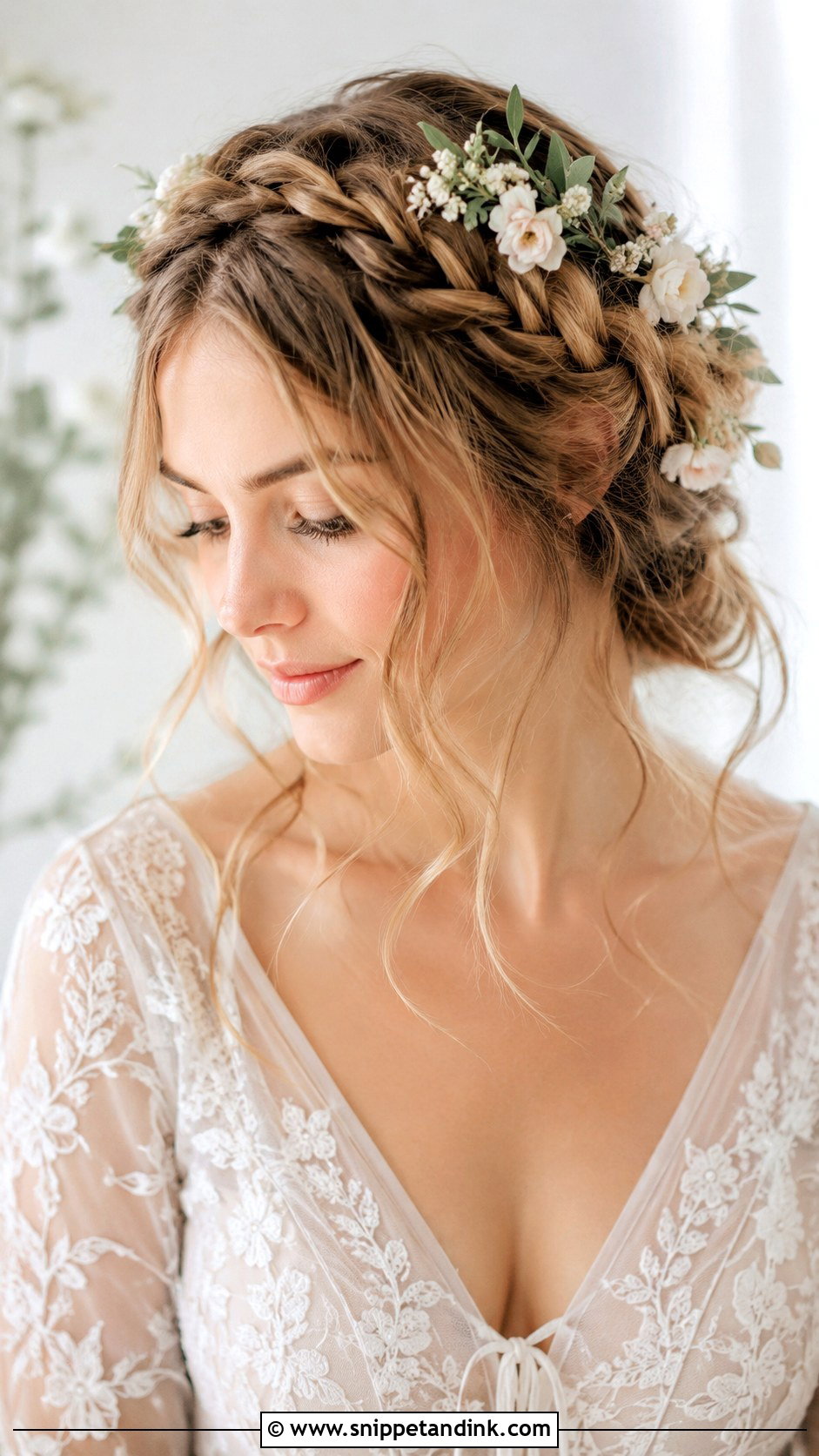 Loose Braided Crown With Flowers Wedding Hair - Snippet and Ink - 20 Loose Braid Wedding Hair Ideas
