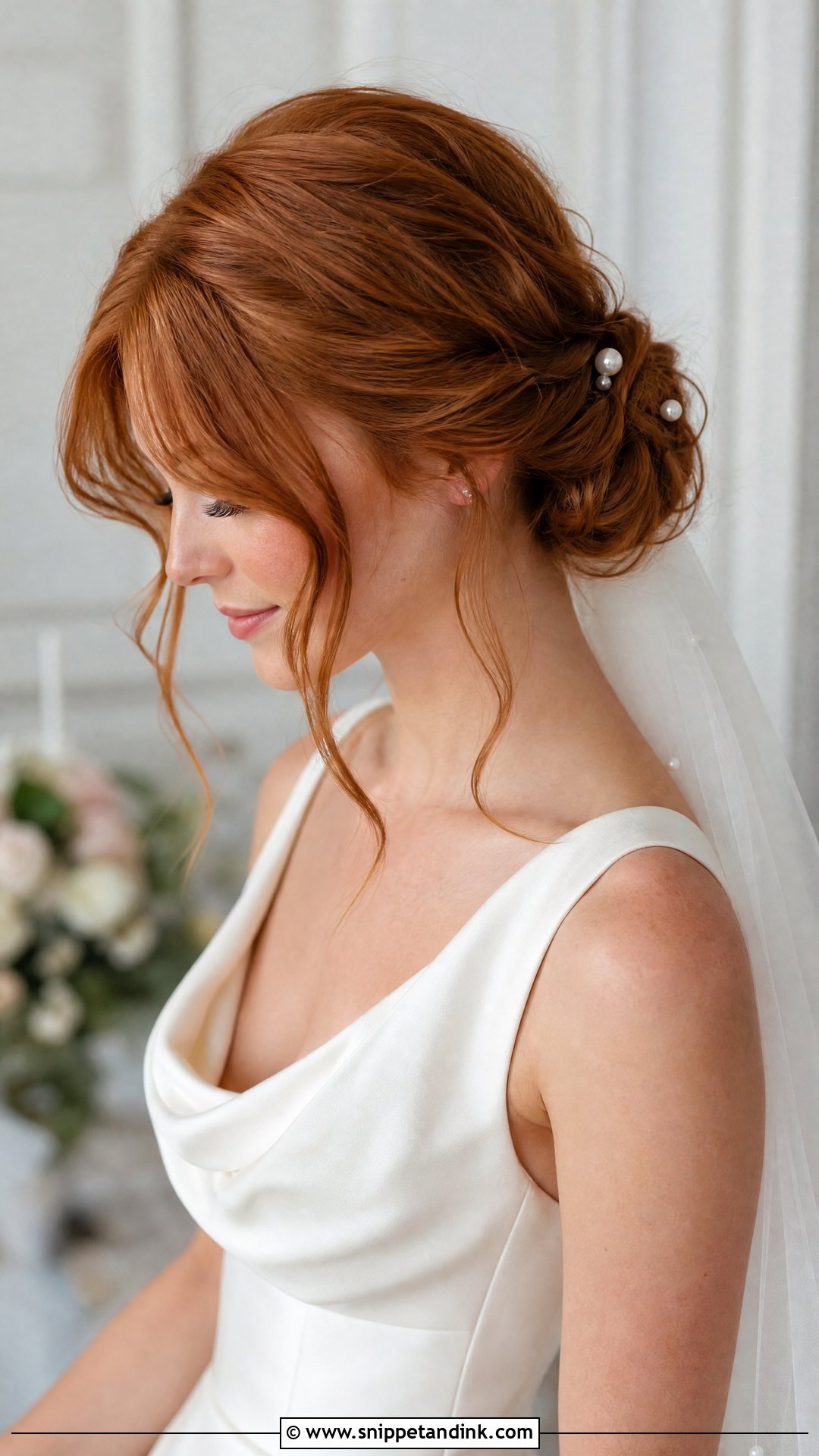 Loose Bridal Bun With Curtain Bangs - Snippet and Ink - 15 Big Forehead Hairstyles for Wedding