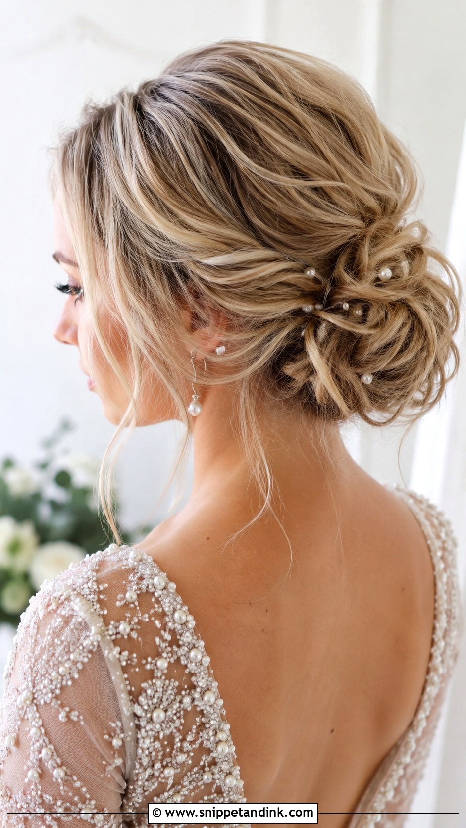 Loose Bun With Pearls - Snippet and Ink - 25 Loose Bun Wedding Hair Ideas