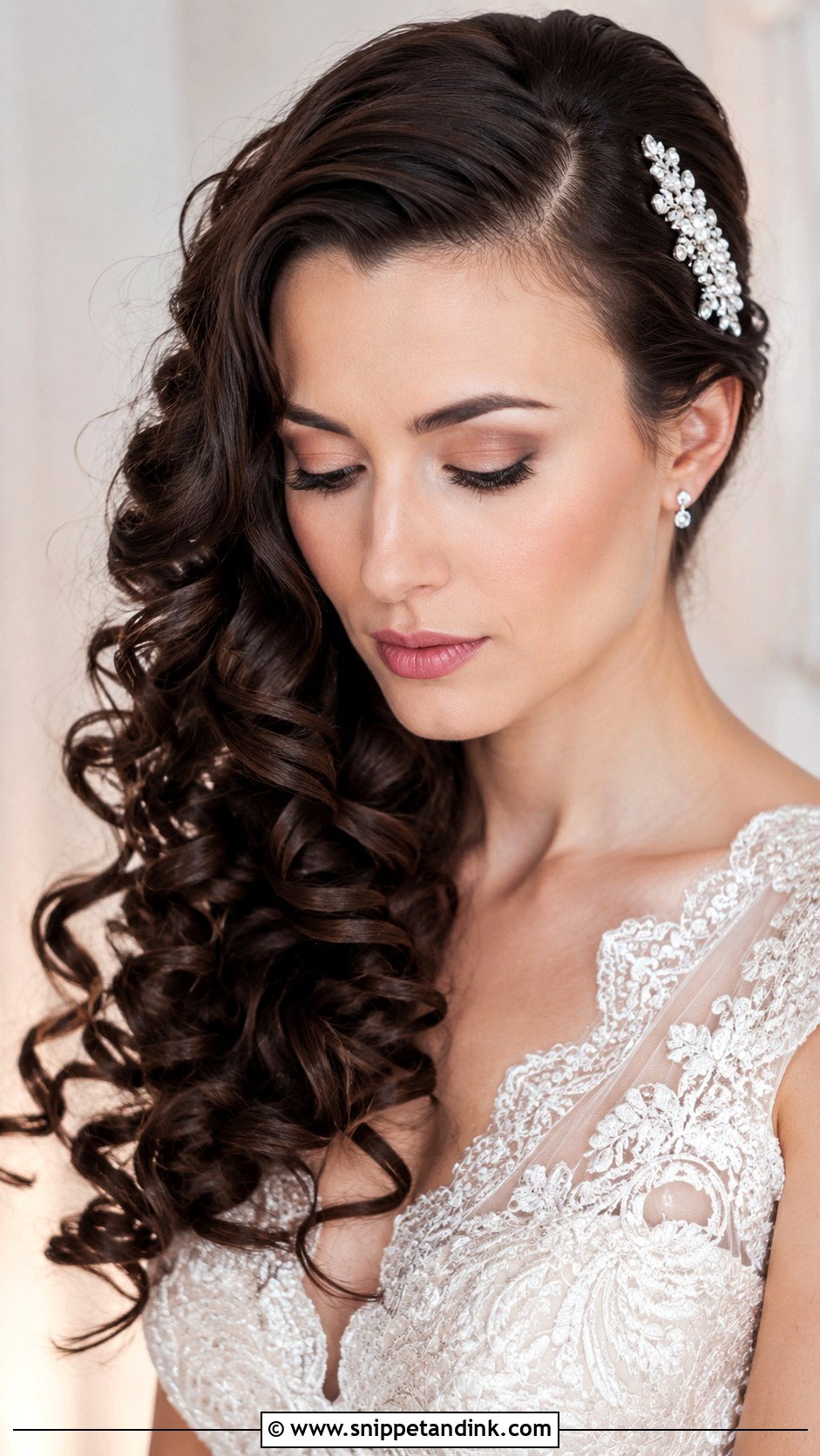 Loose Cascading Curls With Side Part - Snippet and Ink - 25 Brunette Bridal Hair Ideas