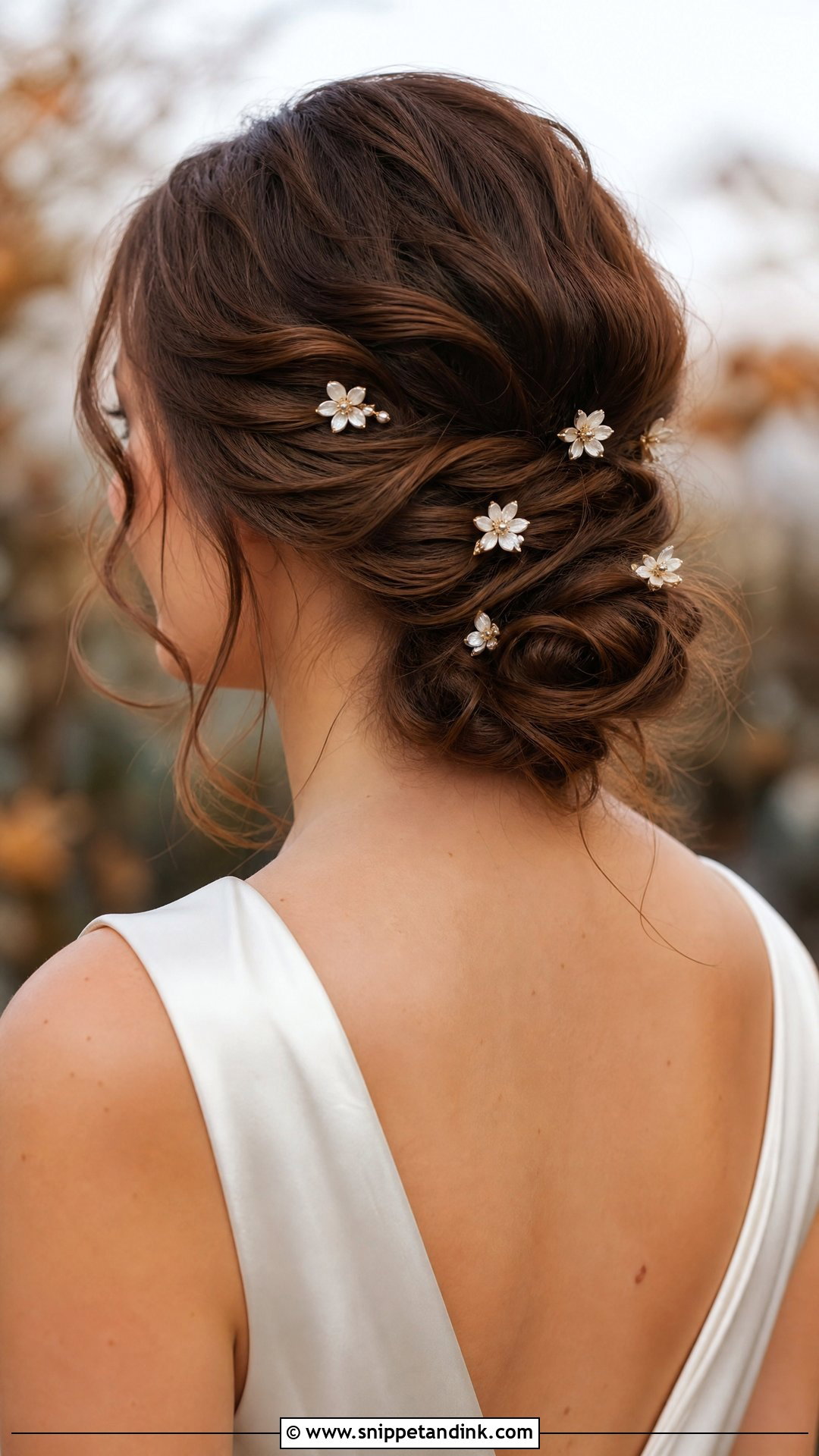 Loose Chignon With Floral Pins - Snippet and Ink - 20 Bohemian Bridal Hair Ideas