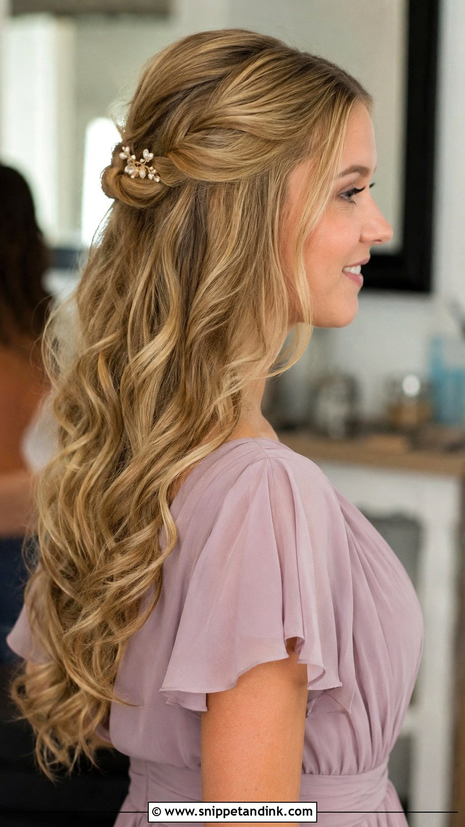 Loose Curls Half Pinned - Snippet and Ink - 30 Bridemaids Hairstyles