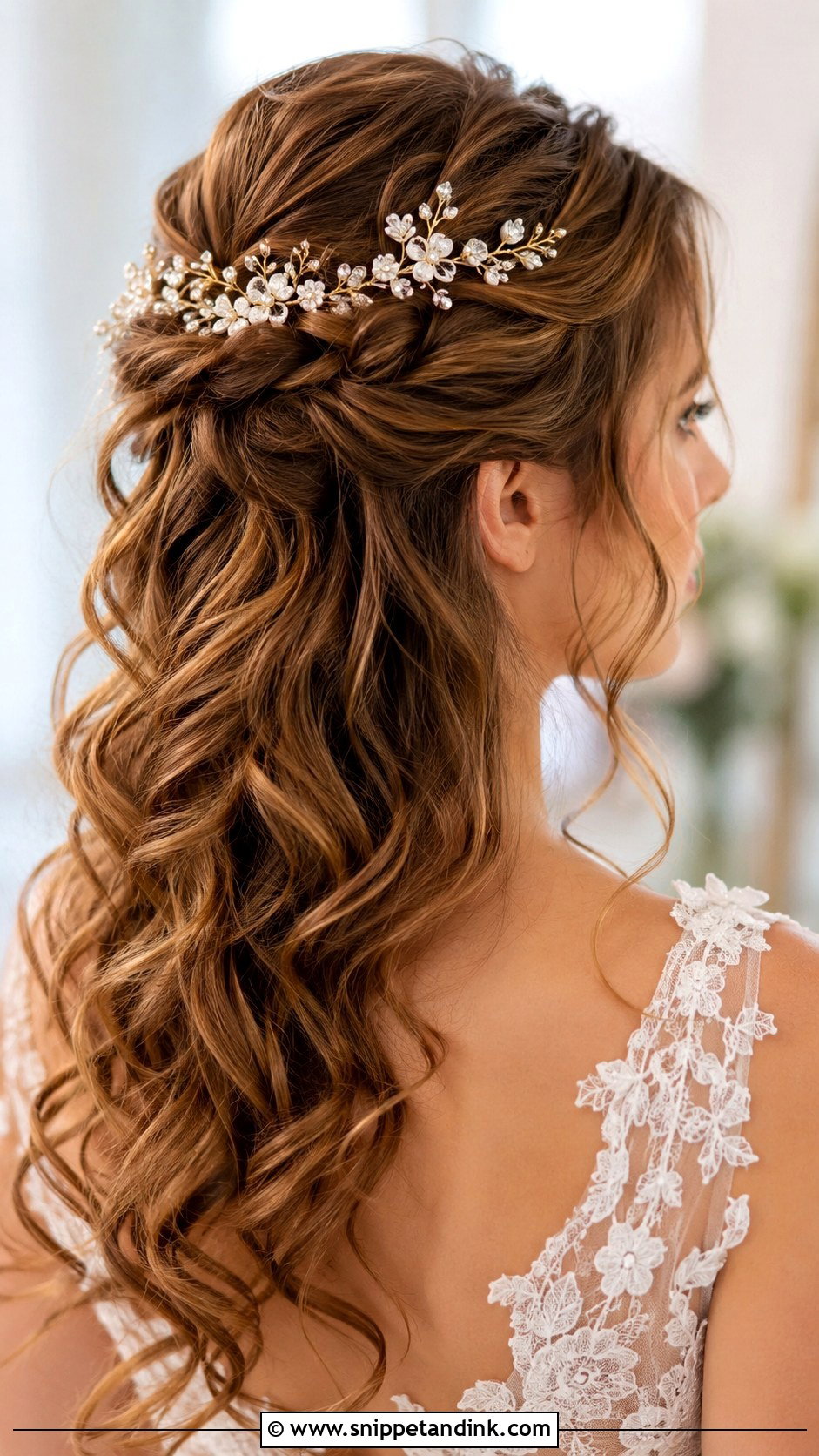 Loose Curls Half Up With Hair Vine - Snippet and Ink - 25 Loose Half-Up Half-Down Wedding Hair Ideas