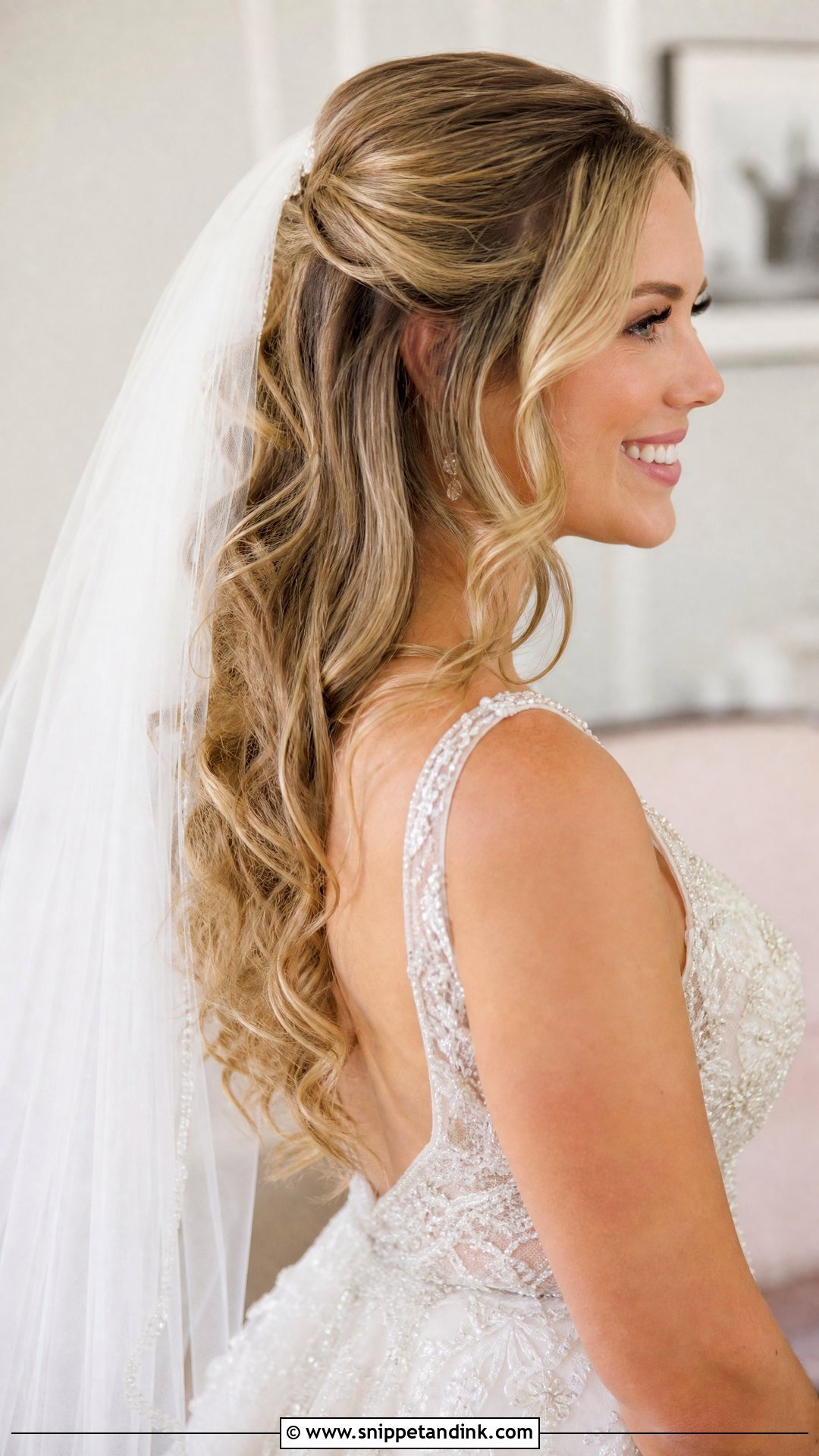 Loose Curls Half Up With Veil Wedding Hair - Snippet and Ink - 20 Loose Curls Wedding Hair